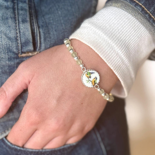 Unique 18th Anniversary Gift for Wife, Sterling Silver and Jade, Love Birds Bracelet, Antique Porcelain, Bird Jewelry, Broken China Jewelry