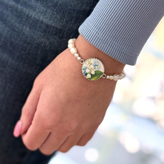 Sterling Silver Pearl Bracelet, Broken China Jewelry, 20th Anniversary Gift for Wife, Lily of the Valley Forget Me Not Gift for Women, Large