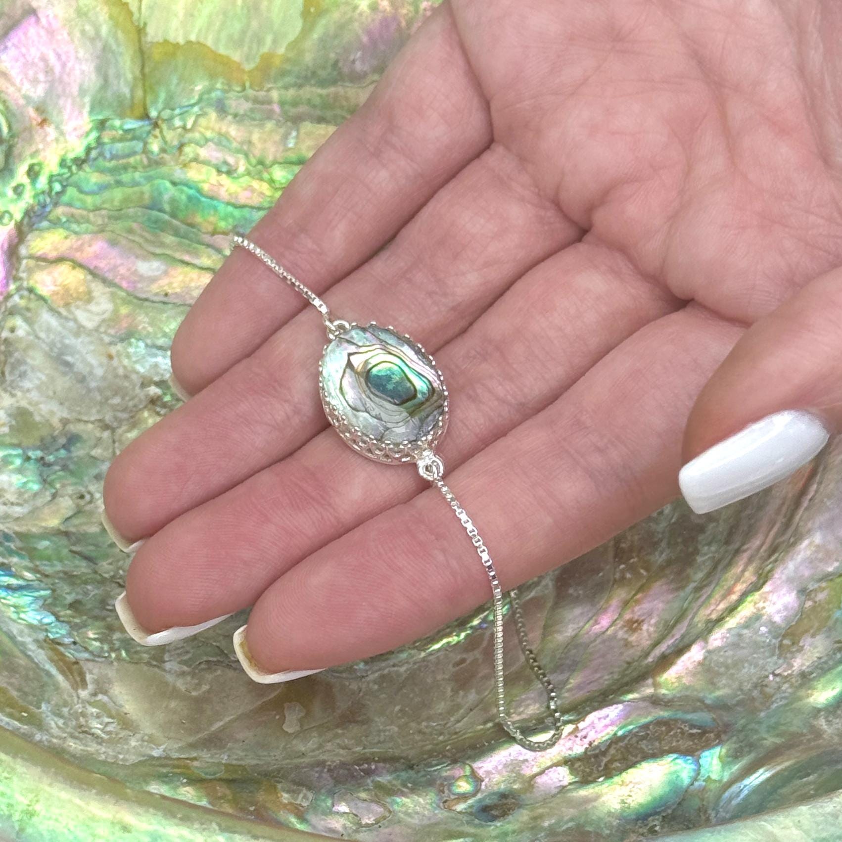 Natural Abalone Shell Dainty Sterling Silver Bracelets, Adjustable Bolo Bracelet, Tropical Beach Wedding, Unique Summer Jewelry Gift for Her