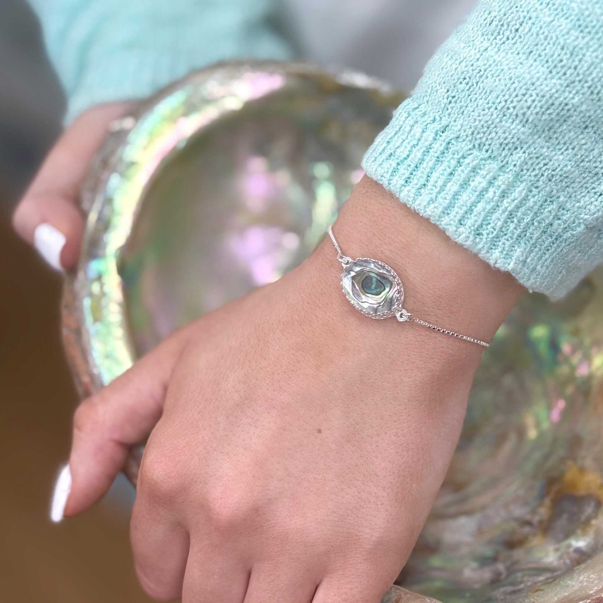 Natural Abalone Shell Dainty Sterling Silver Bracelets, Adjustable Bolo Bracelet, Tropical Beach Wedding, Unique Summer Jewelry Gift for Her