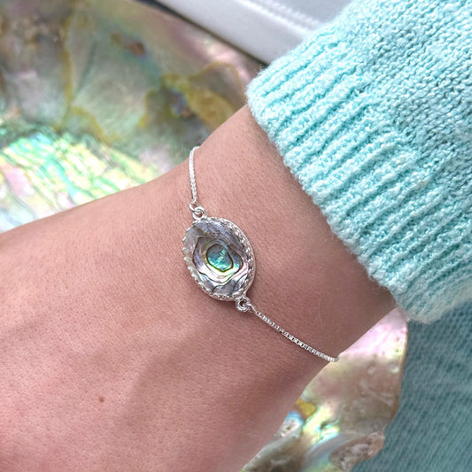 Natural Abalone Shell Dainty Sterling Silver Bracelets, Adjustable Bolo Bracelet, Tropical Beach Wedding, Unique Summer Jewelry Gift for Her