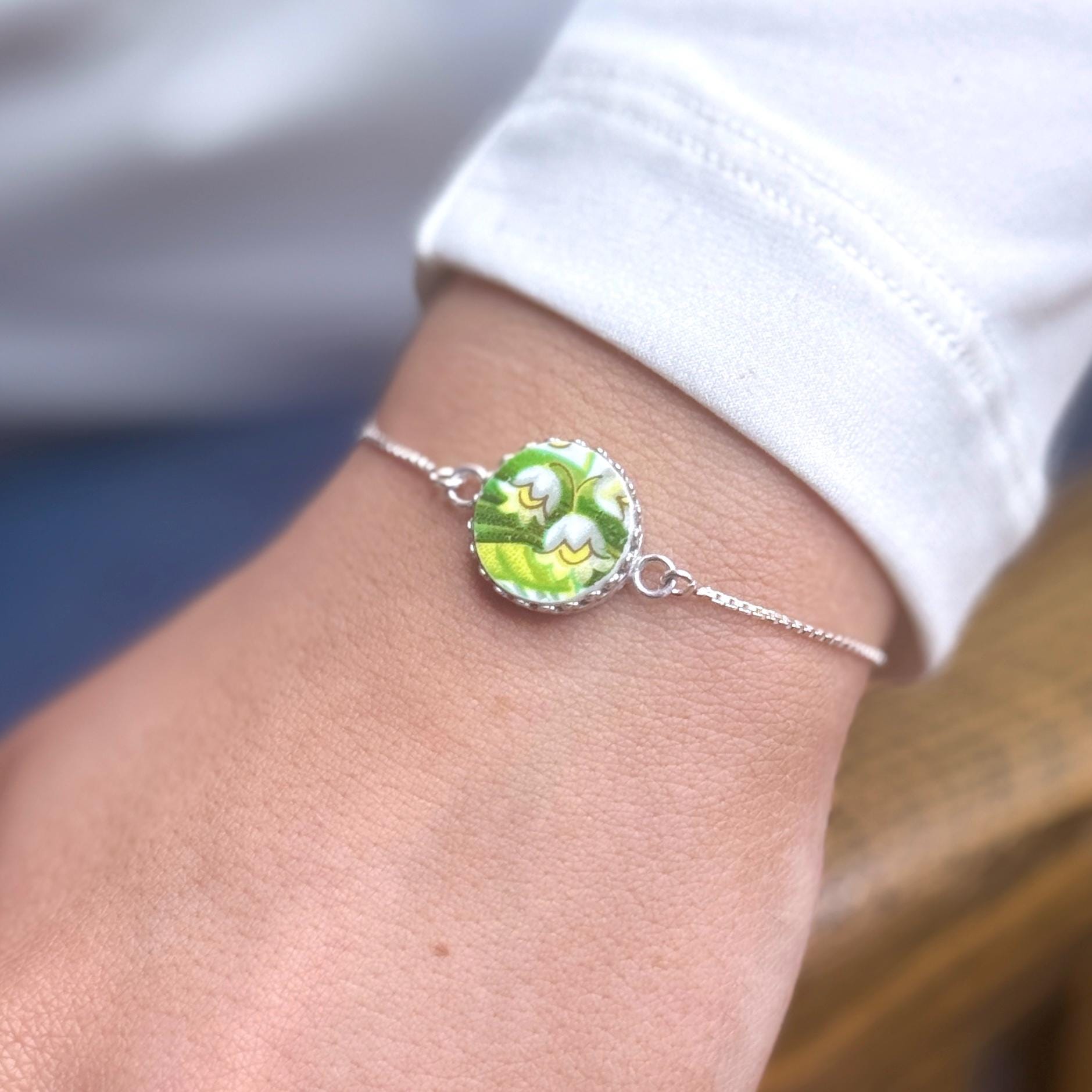 Lily of the Valley Bracelet, Adjustable Sterling Silver Bracelet, Vintage Broken China Jewelry