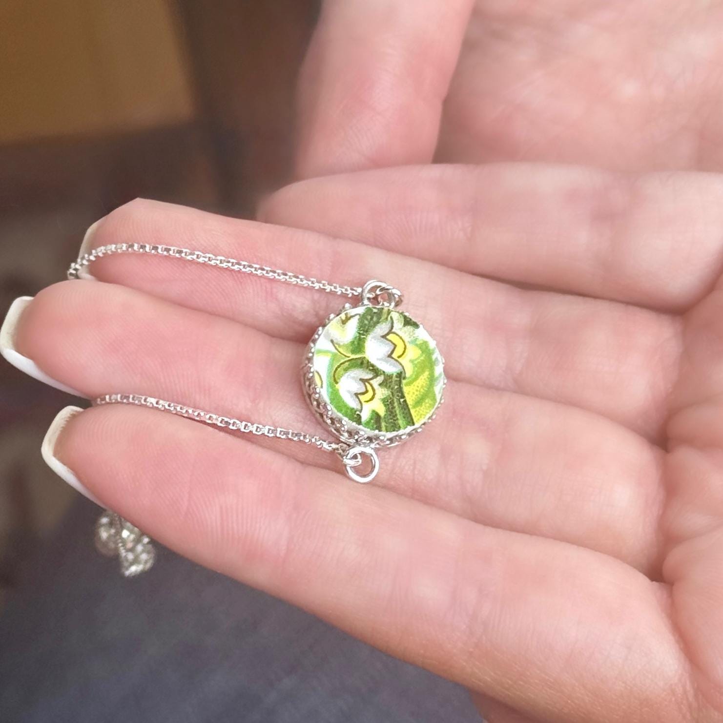 Lily of the Valley Bracelet, Adjustable Sterling Silver Bracelet, Vintage Broken China Jewelry
