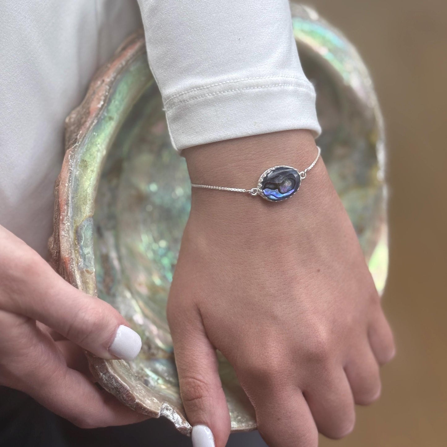 Rainbow Abalone Boho Shell Bracelet, Ocean Beach Jewelry Gift, Dainty Minimalist Sterling Silver Adjustable Bolo Bracelet