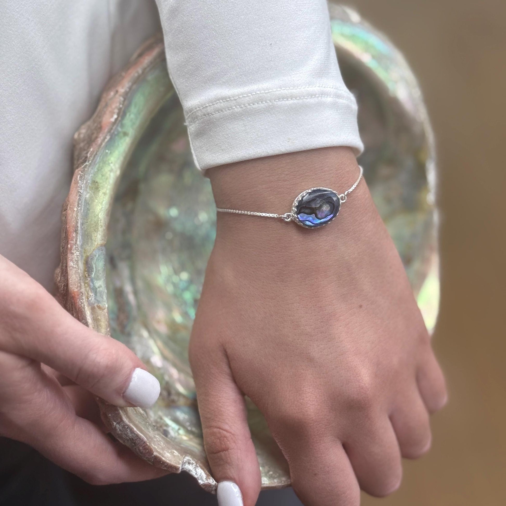 Rainbow Abalone Boho Shell Bracelet, Ocean Beach Jewelry Gift, Dainty Minimalist Sterling Silver Adjustable Bolo Bracelet