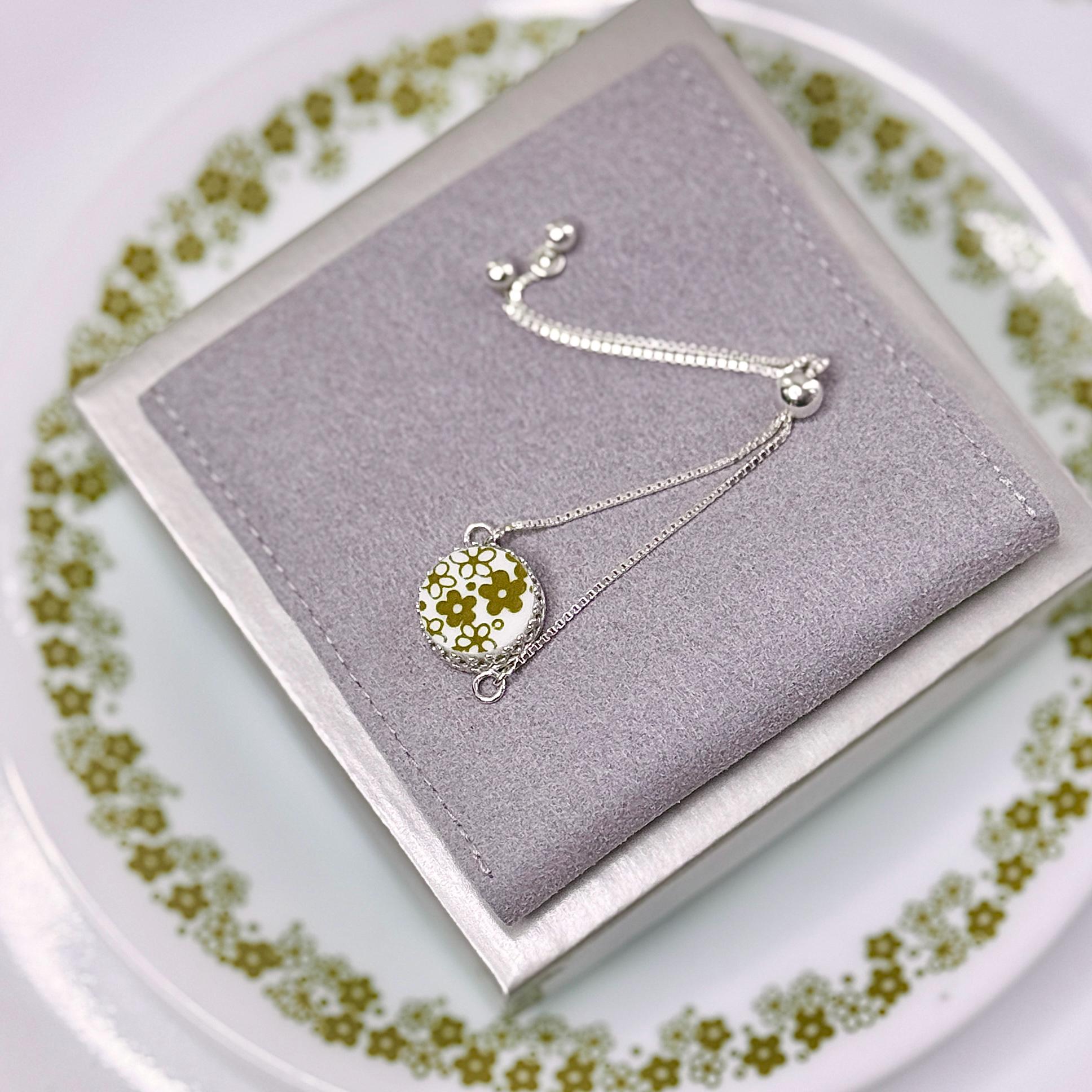 Crazy Daisy Bolo Bracelet, Dainty Adjustable Sterling Silver Bracelet, Vintage Pyrex Sentimental Keepsake Gift