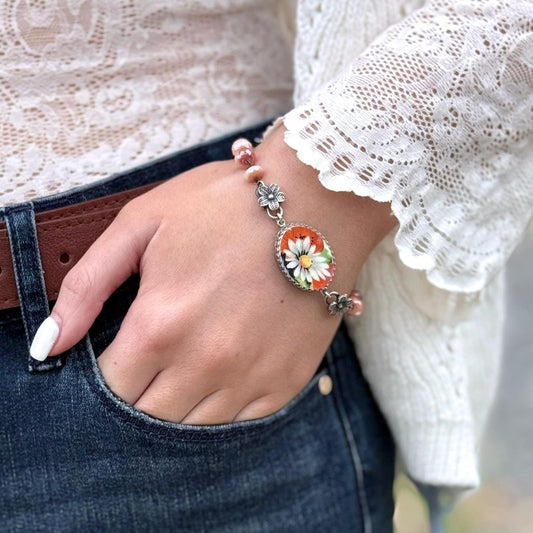 Daisy Victorian Bracelet, Porcelain Jewelry, Unique 18th Anniversary Gifts for Wife, One-of-a-Kind Vintage Jewelry, Sterling Silver