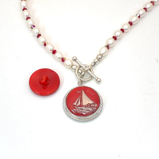 Freshwater Pearl and Crystal Toggle Necklace, Statement Red Button Pendant, Summer Sailboat Necklace, Nautical Jewelry, Gift for Boater