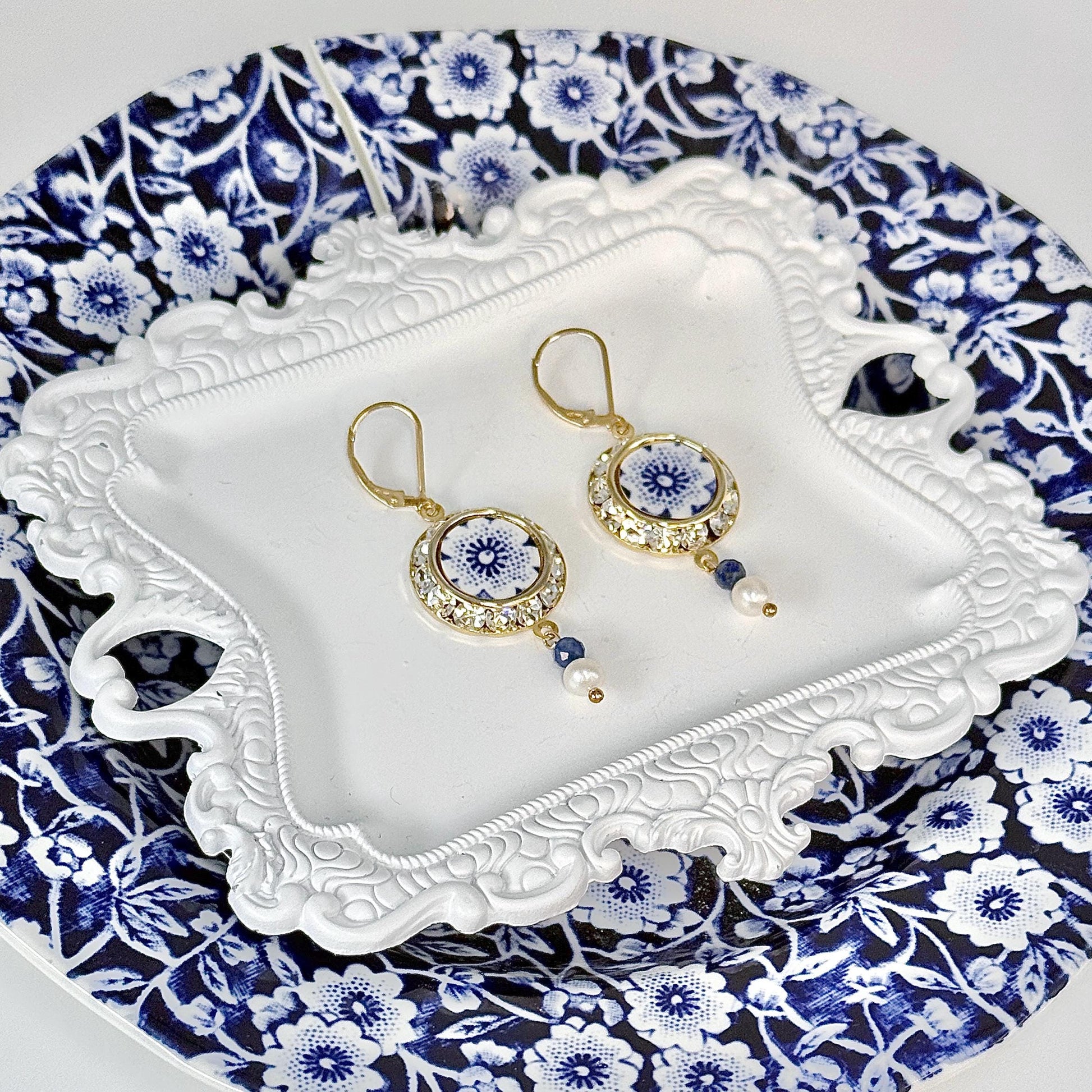 18th Anniversary Gifts for Wife, Blue and White Porcelain Earrings, Lapis, Gold Crystal & Pearl Drop, Bridal Earrings, Blue Wedding Jewelry