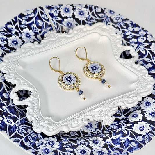 18th Anniversary Gifts for Wife, Blue and White Porcelain Earrings, Lapis, Gold Crystal & Pearl Drop, Bridal Earrings, Blue Wedding Jewelry