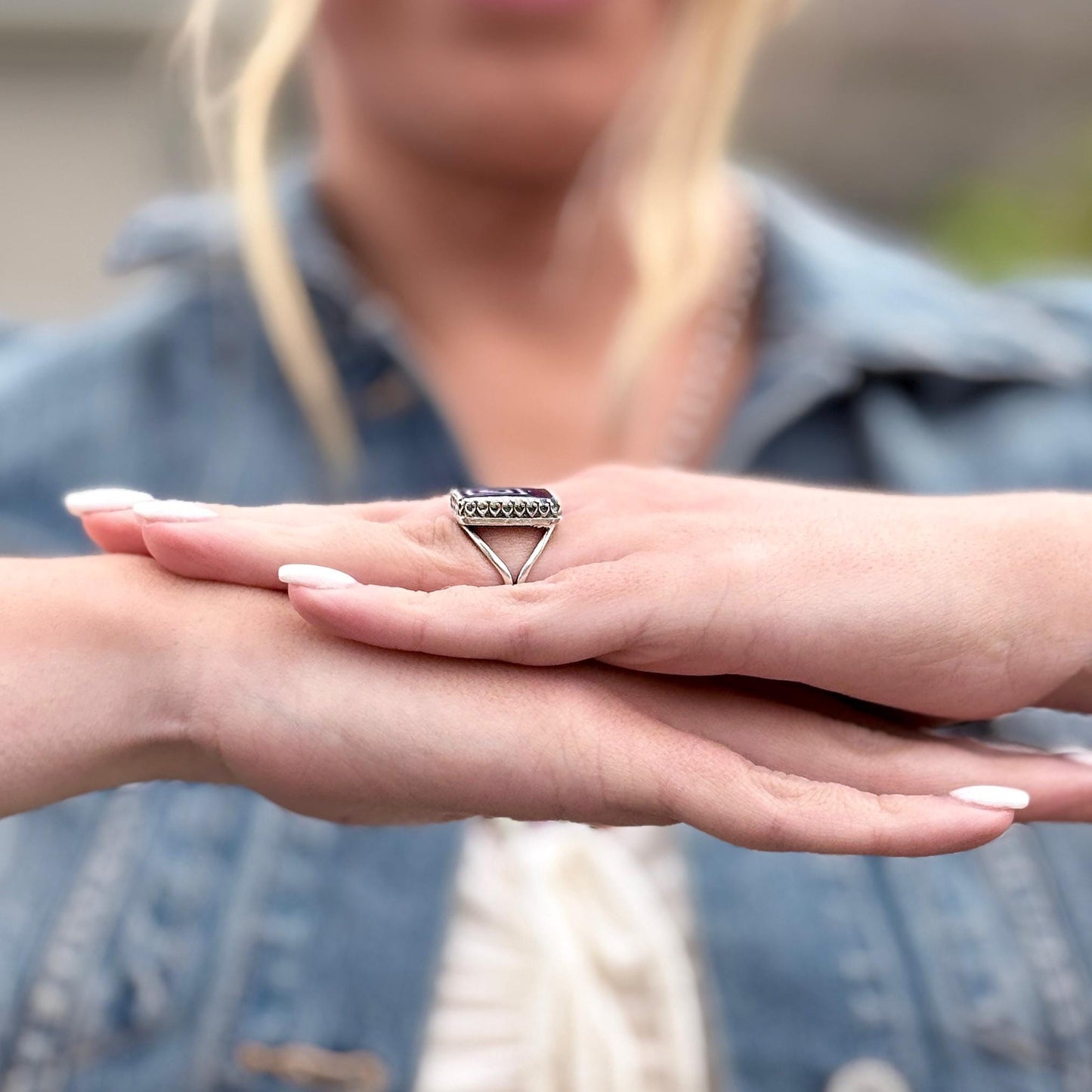 Vintage Polish Pottery, Adjustable Sterling Silver Square Ring, Geometric Jewelry, Unique Gifts For Her From Poland, Hand Painted