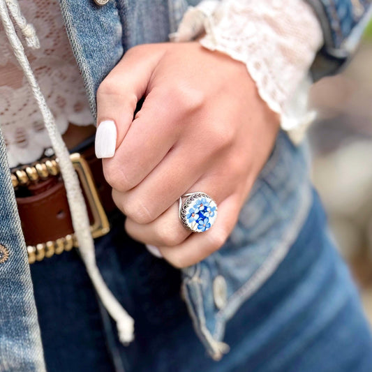 Blue Forget Me Not Adjustable Sterling Silver Ring, Boho Broken China Jewelry, Unique Friendship Gifts for Women, Gifts for Her