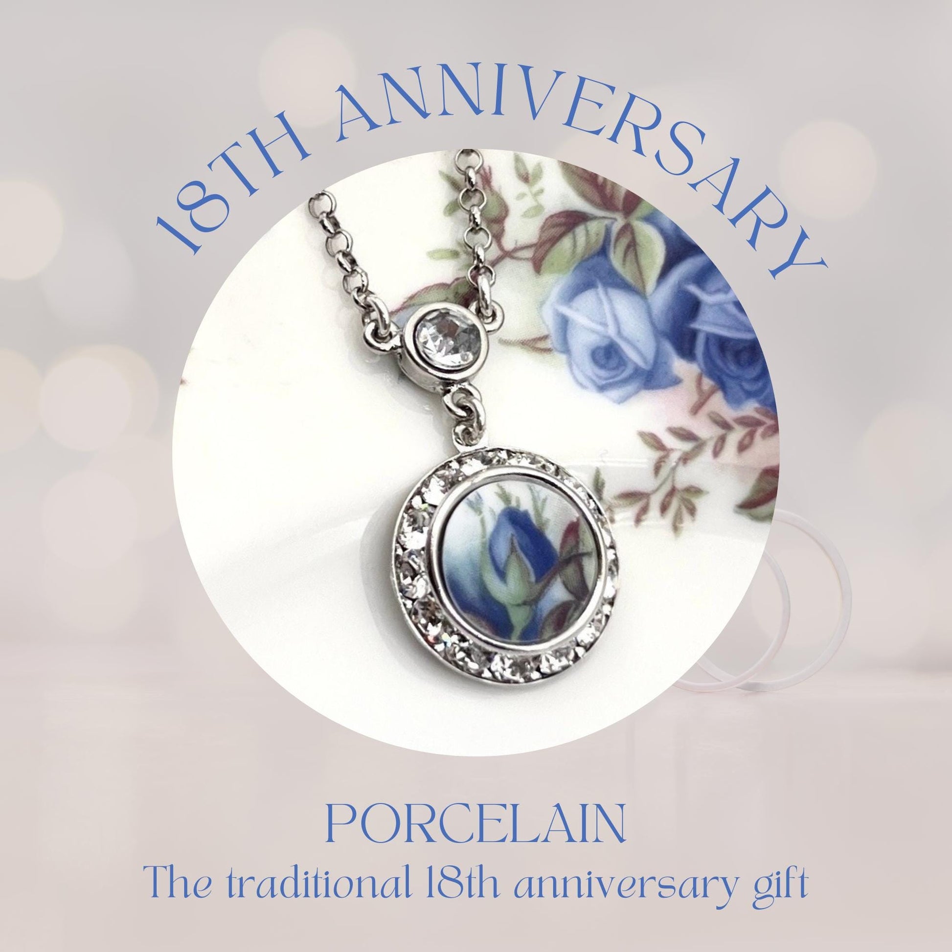 Royal Albert Moonlight Rose Crystal Necklace, Romantic 18th and 20th Anniversary Porcelain Gift for Wife, Broken China Jewelry for Women