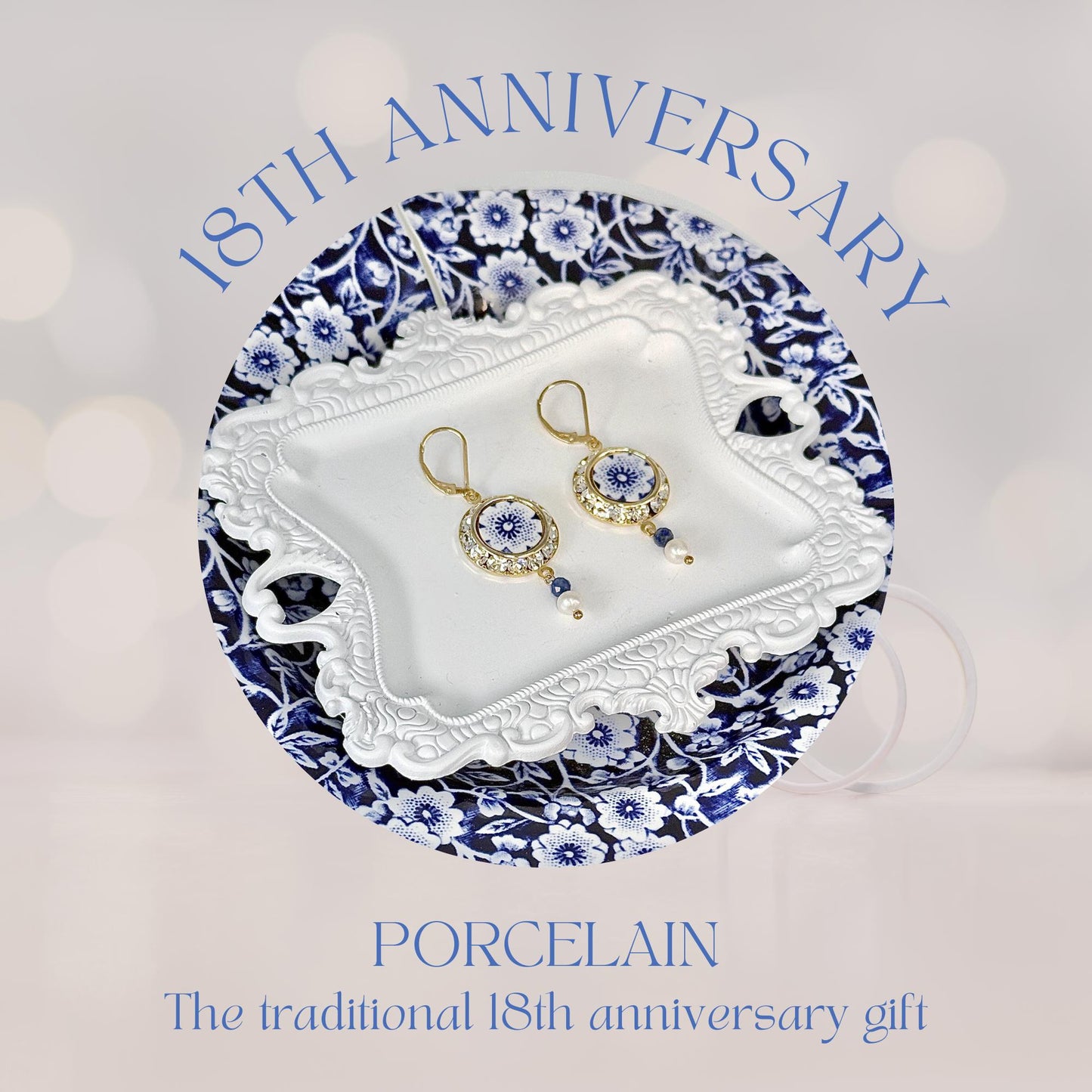 18th Anniversary Gifts for Wife, Blue and White Porcelain Earrings, Lapis, Gold Crystal & Pearl Drop, Bridal Earrings, Blue Wedding Jewelry