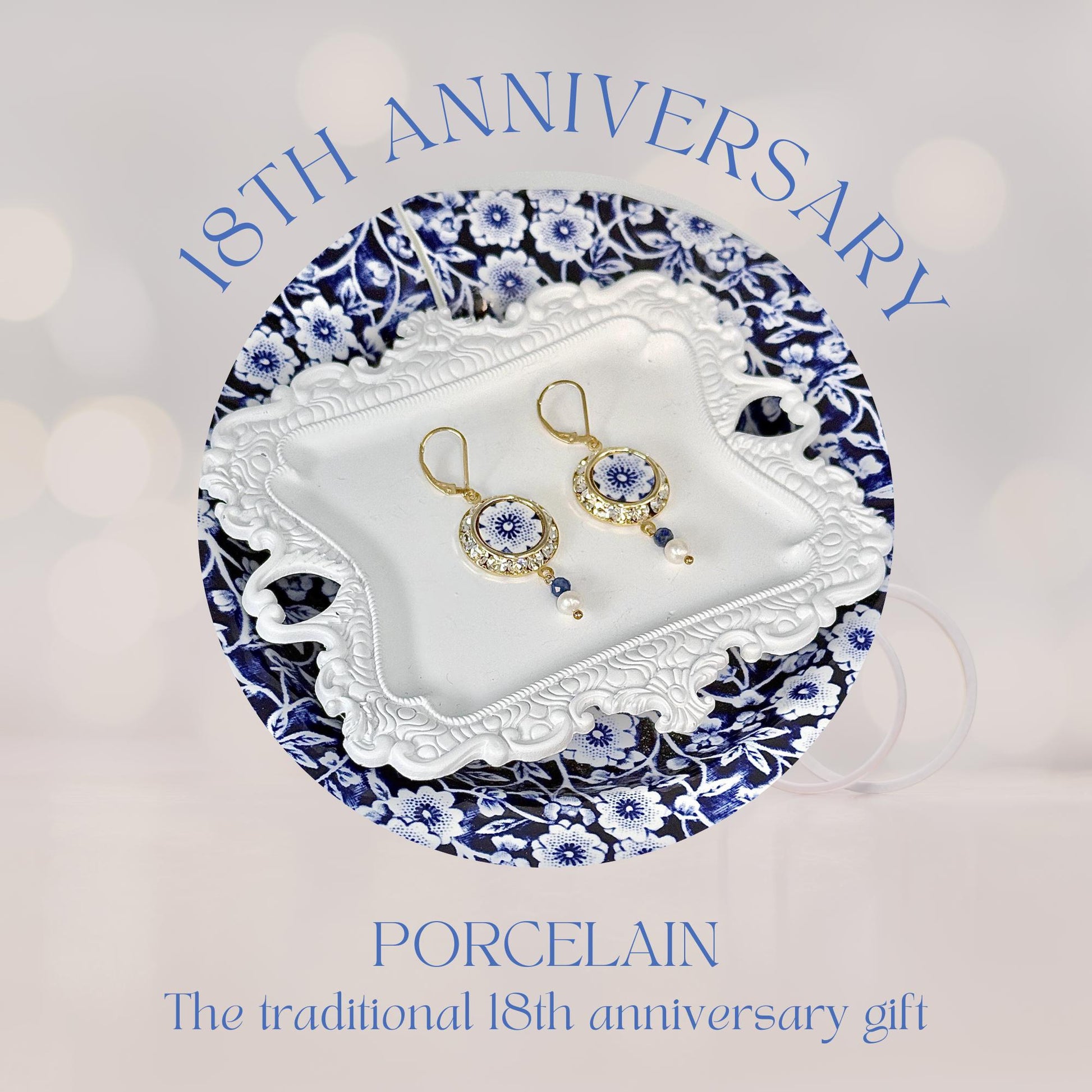 18th Anniversary Gifts for Wife, Blue and White Porcelain Earrings, Lapis, Gold Crystal & Pearl Drop, Bridal Earrings, Blue Wedding Jewelry