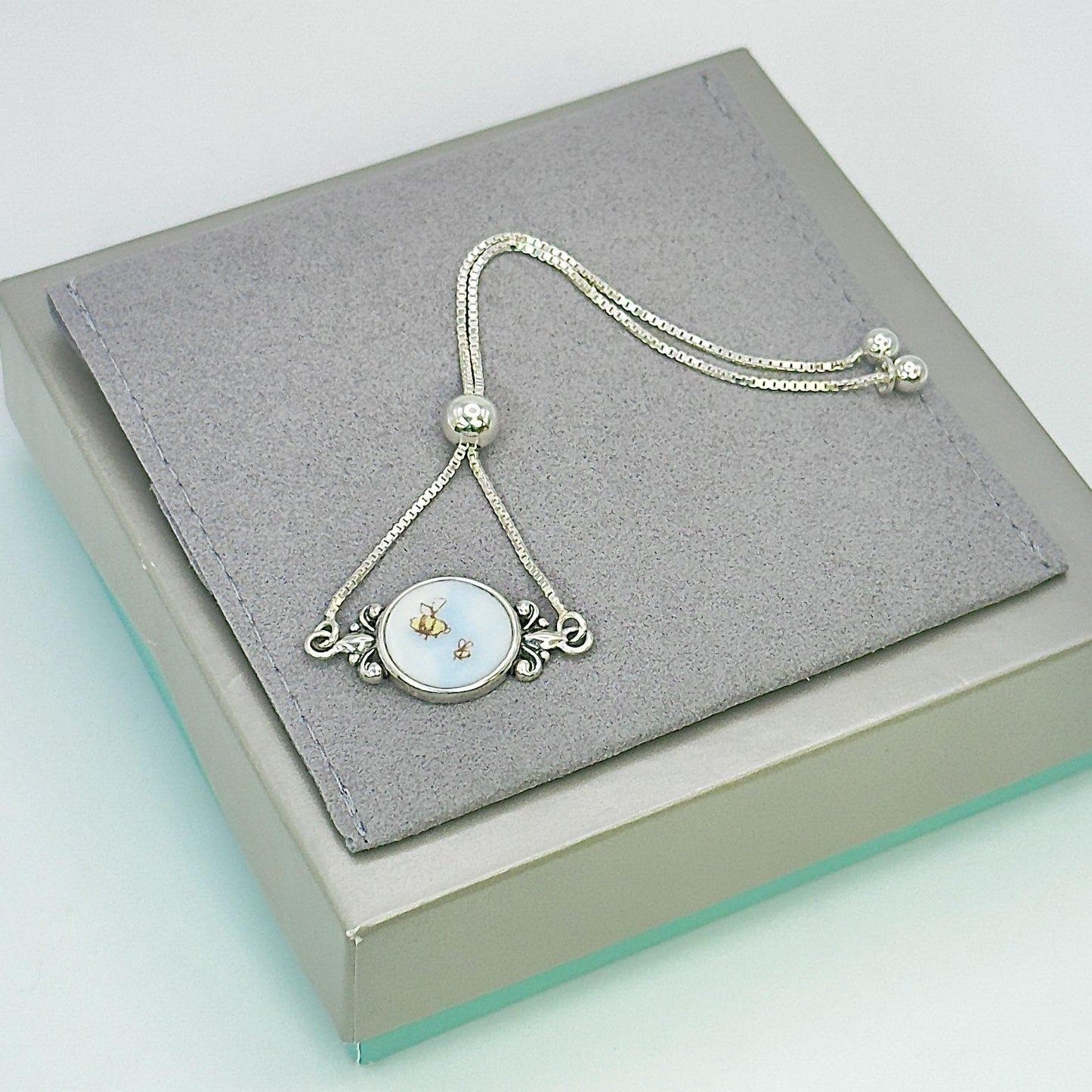 Dainty Sterling Silver Bee Bracelet, Unique 18th Anniversary Gifts for Wife, Bee Broken China Jewelry, Adjustable Bolo Bracelet, Victorian