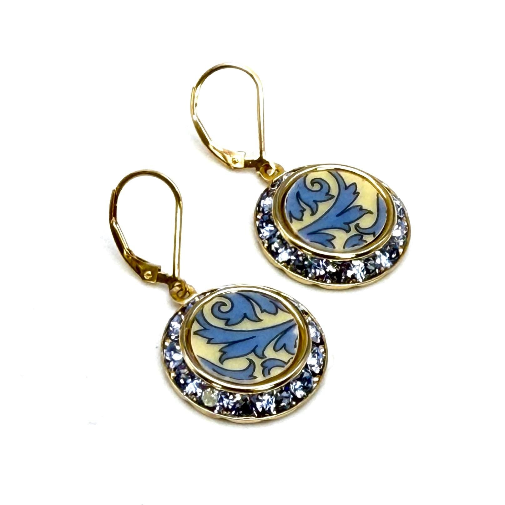 Lenox Autumn Gold Crystal Earrings, Unique Broken China Jewelry, Hand Painted Gifts for Women, Blue Crystal Earrings