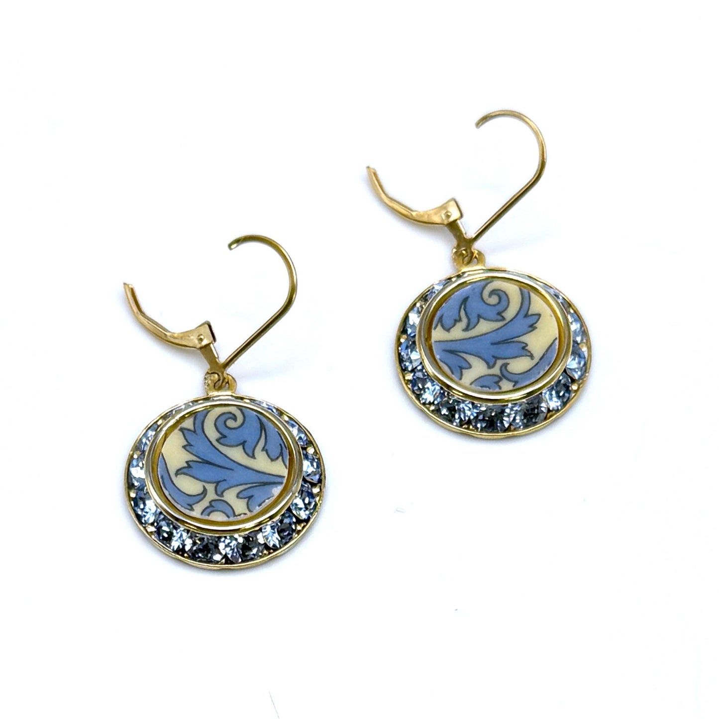 Lenox Autumn Gold Crystal Earrings, Unique Broken China Jewelry, Hand Painted Gifts for Women, Blue Crystal Earrings
