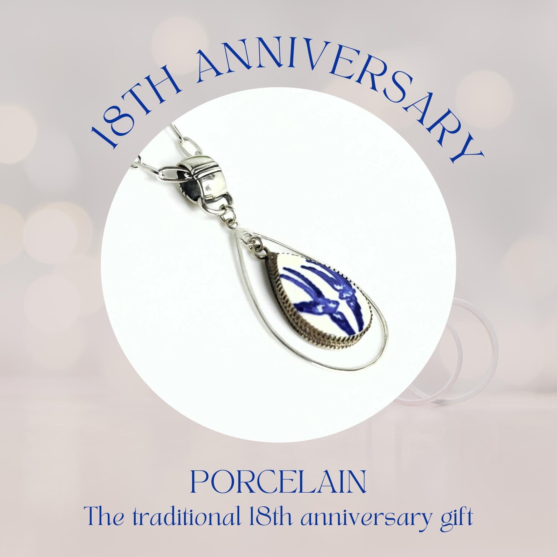 Love Birds Blue Willow Vintage China Necklace, Romantic 20th Anniversary Gifts for Wife, Adjustable Serling Silver Jewelry