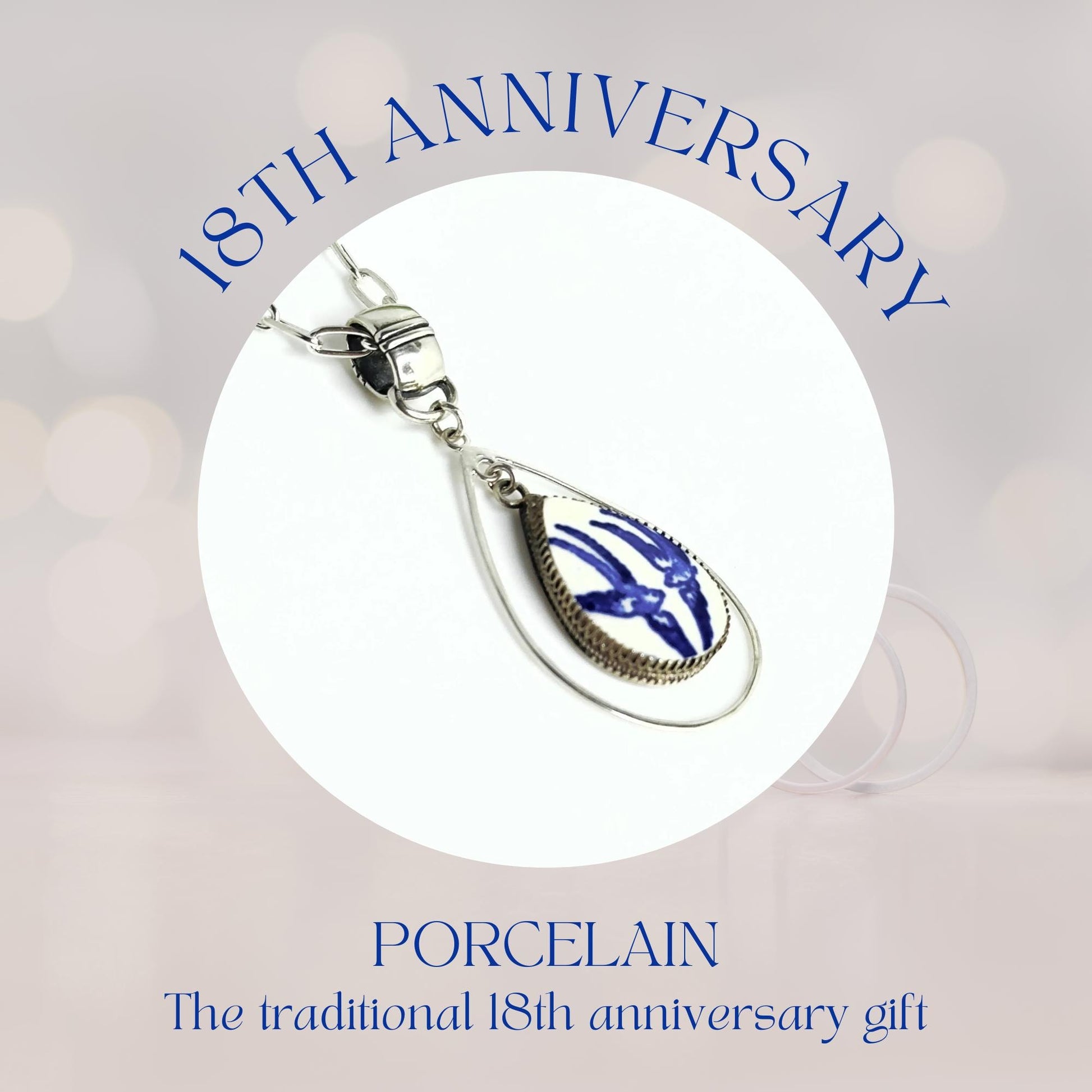 18th Wedding Anniversary Gift Ideas for Wife, Love Birds, Adjustable Blue Willow Porcelain Necklace, Romantic Gift for Her, Hammered Silver