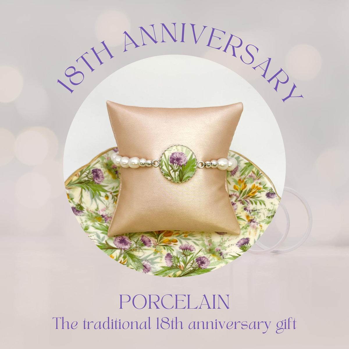 Scottish Thistle, Celtic Broken China Jewelry, Pearl Bracelet, 18th Wedding Anniversary Gift for Wife, Porcelain