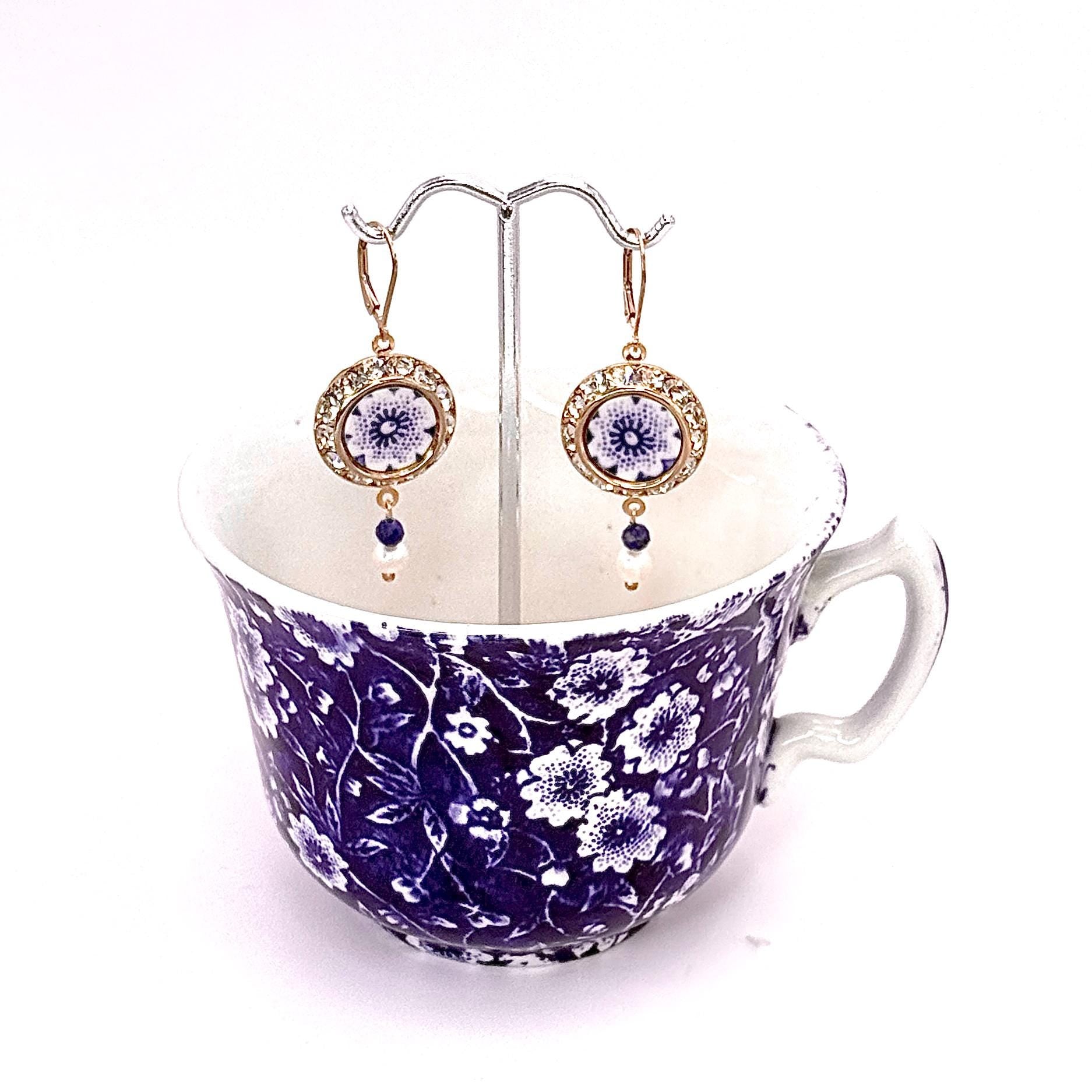 18th Anniversary Gifts for Wife, Blue and White Porcelain Earrings, Lapis, Gold Crystal & Pearl Drop, Bridal Earrings, Blue Wedding Jewelry