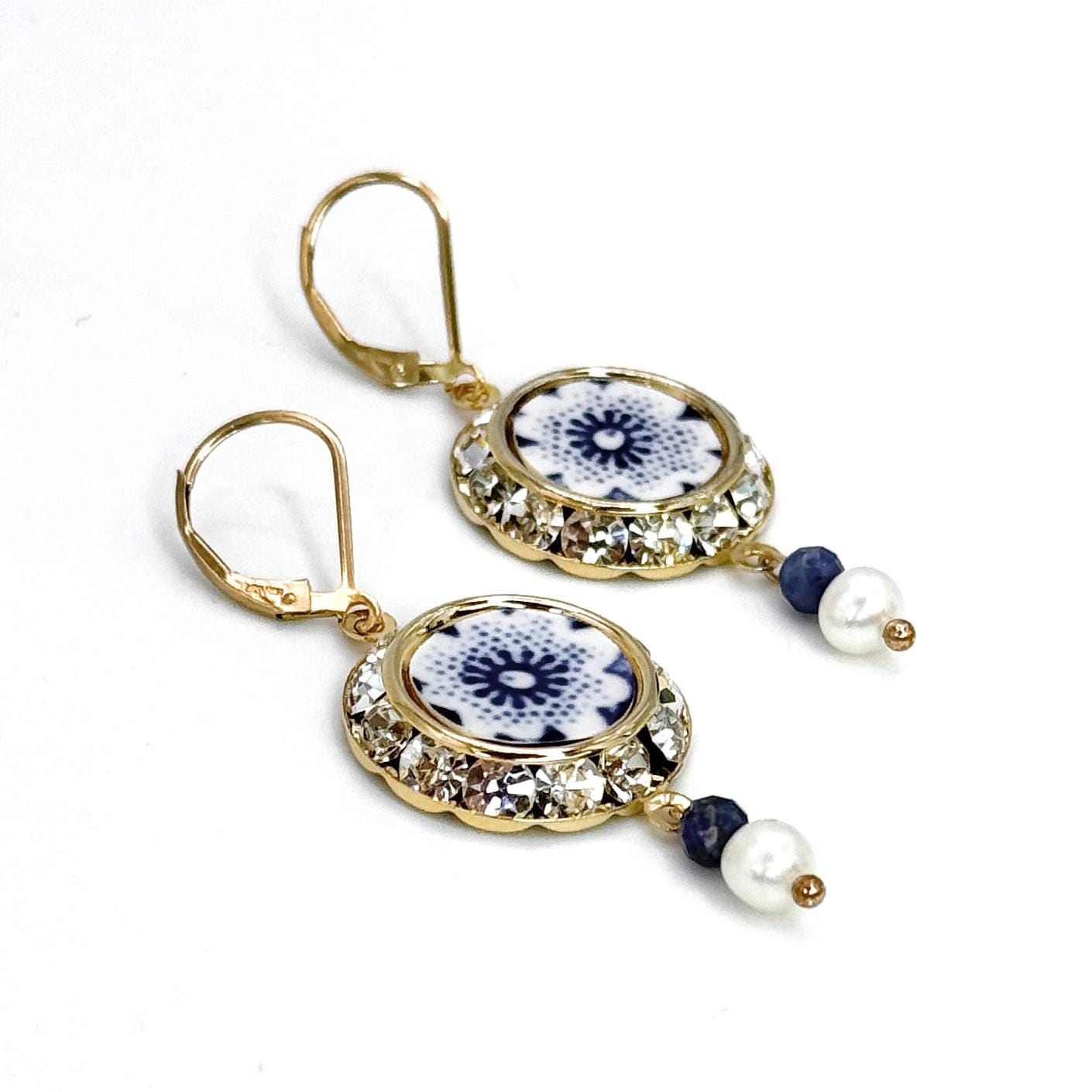 18th Anniversary Gifts for Wife, Blue and White Porcelain Earrings, Lapis, Gold Crystal & Pearl Drop, Bridal Earrings, Blue Wedding Jewelry
