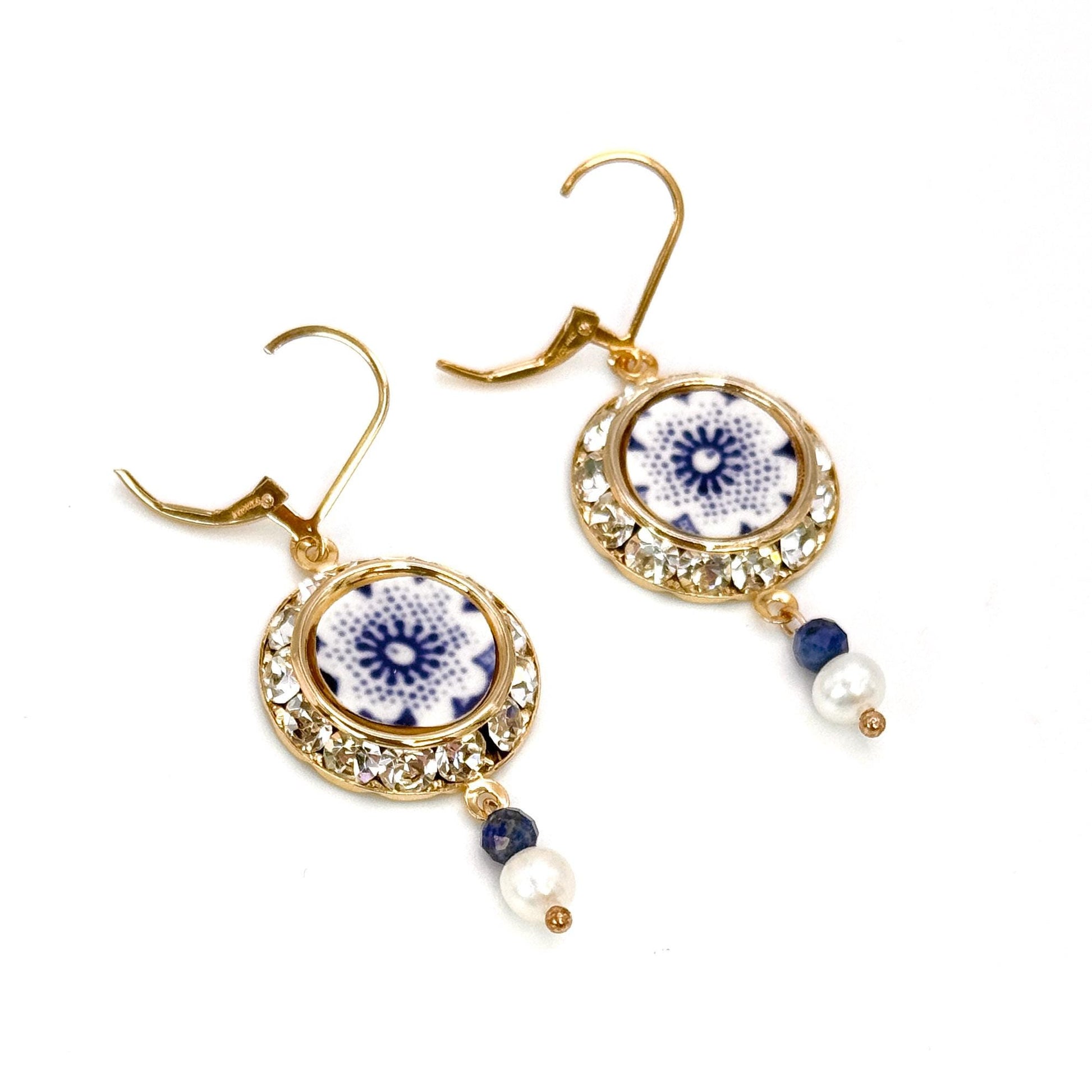 18th Anniversary Gifts for Wife, Blue and White Porcelain Earrings, Lapis, Gold Crystal & Pearl Drop, Bridal Earrings, Blue Wedding Jewelry