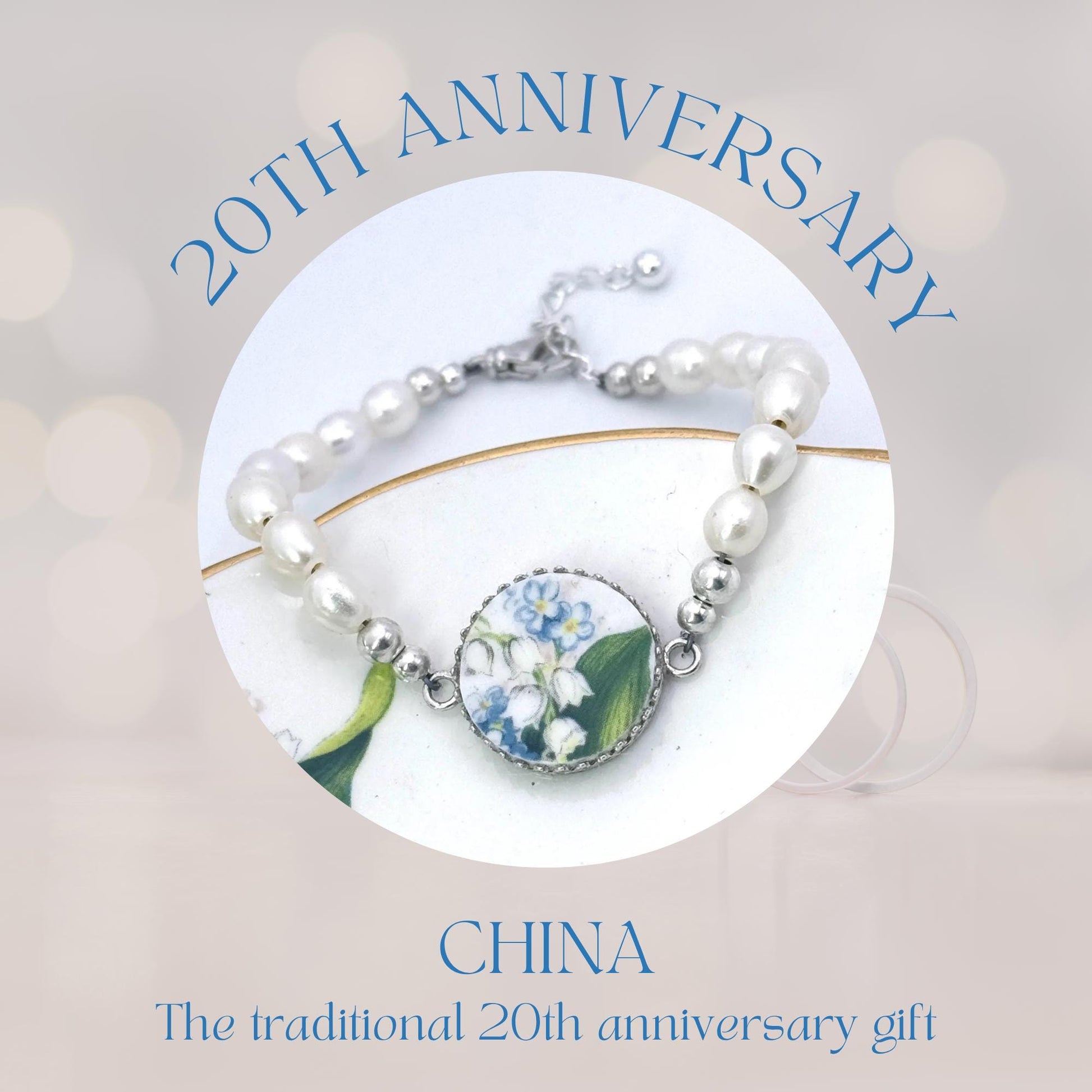 Lily of the Valley Pearl Flower Bracelet, 20th Anniversary Gifts for Wife, Silver Broken China Jewelry, Forget Me Not Bracelet