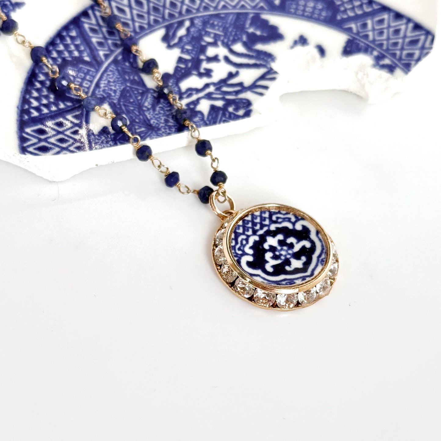Blue Willow 9th Anniversary Lapis Lazuli Necklace, Romantic Gifts for Wife, Vintage Broken China Jewelry, Gold Crystal Necklace