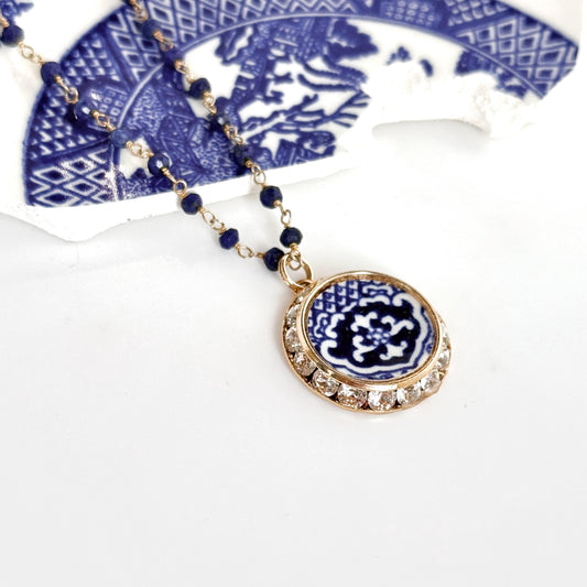 Blue Willow 9th Anniversary Lapis Lazuli Necklace, Romantic Gifts for Wife, Vintage Broken China Jewelry, Gold Crystal Necklace
