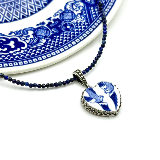 Love Birds 9th Anniversary Blue Willow Gift for Wife, Lapis Lazuli Necklace, Heart Necklace, Sterling Silver, Vintage Broken China Jewelry
