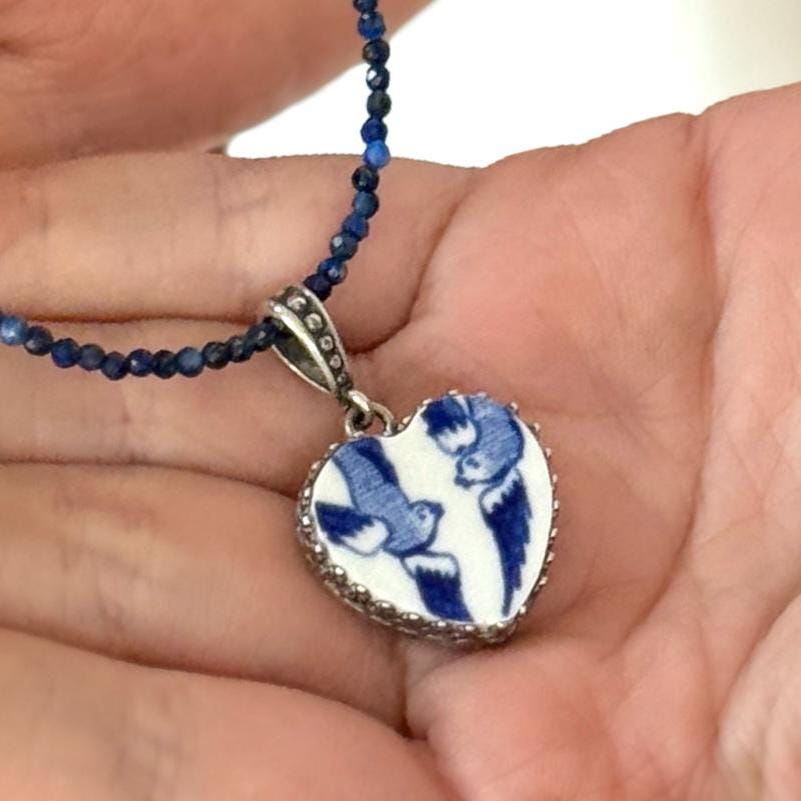 Love Birds 9th Anniversary Blue Willow Gift for Wife, Lapis Lazuli Necklace, Heart Necklace, Sterling Silver, Vintage Broken China Jewelry