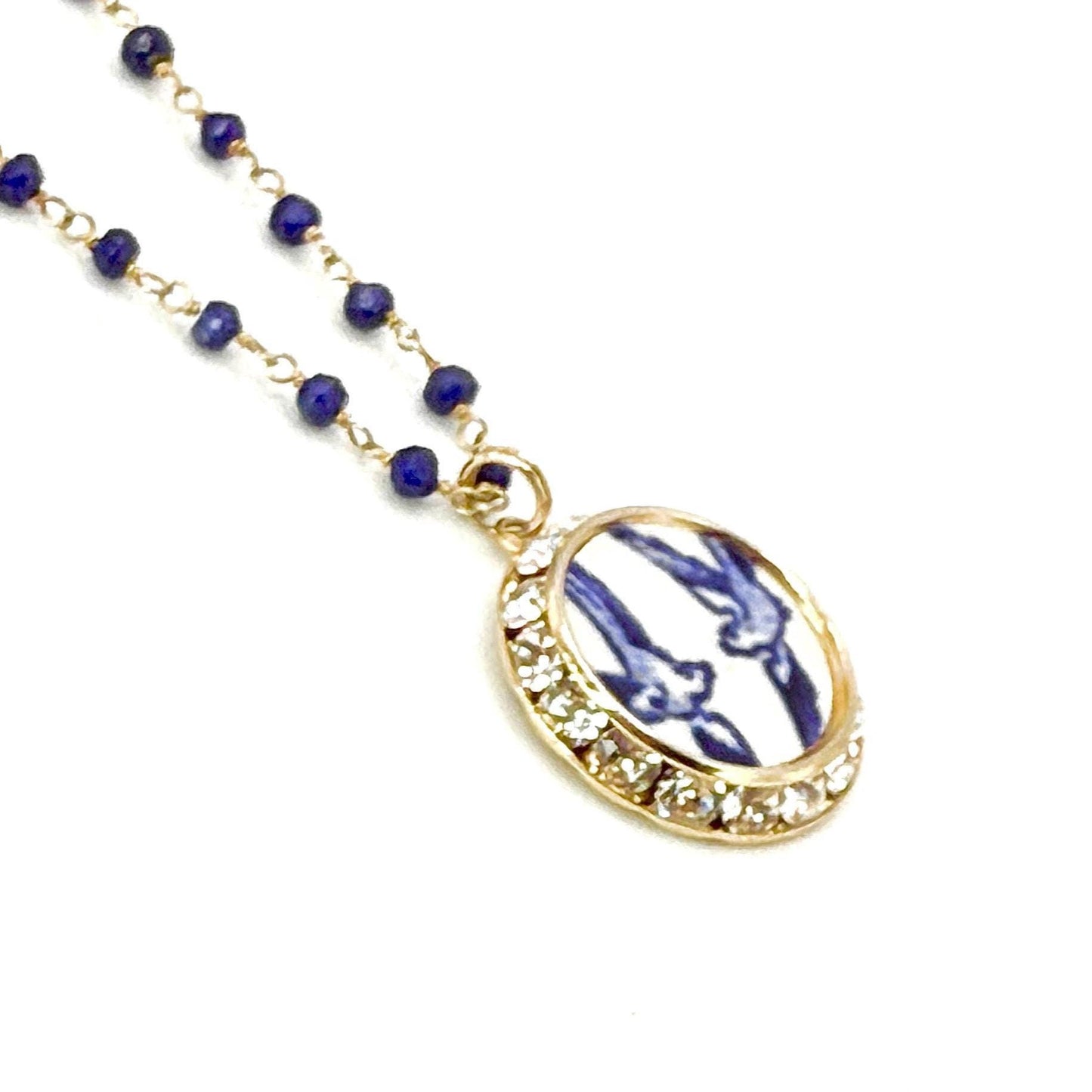 Gold 9th Anniversary Blue Willow Love Birds Necklace, Romantic Lapis Lazuli Anniversary Gifts for Wife, Vintage Broken China Jewelry
