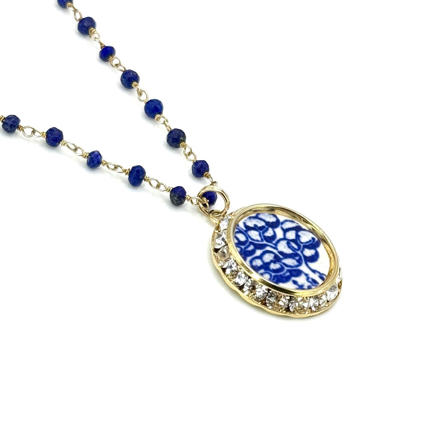 Tree of Life Vintage Blue Willow Necklace, Gold Crystal Broken China Jewelry, Unique Birthday Gifts for Mom, Lapis Lazuli Jewelry
