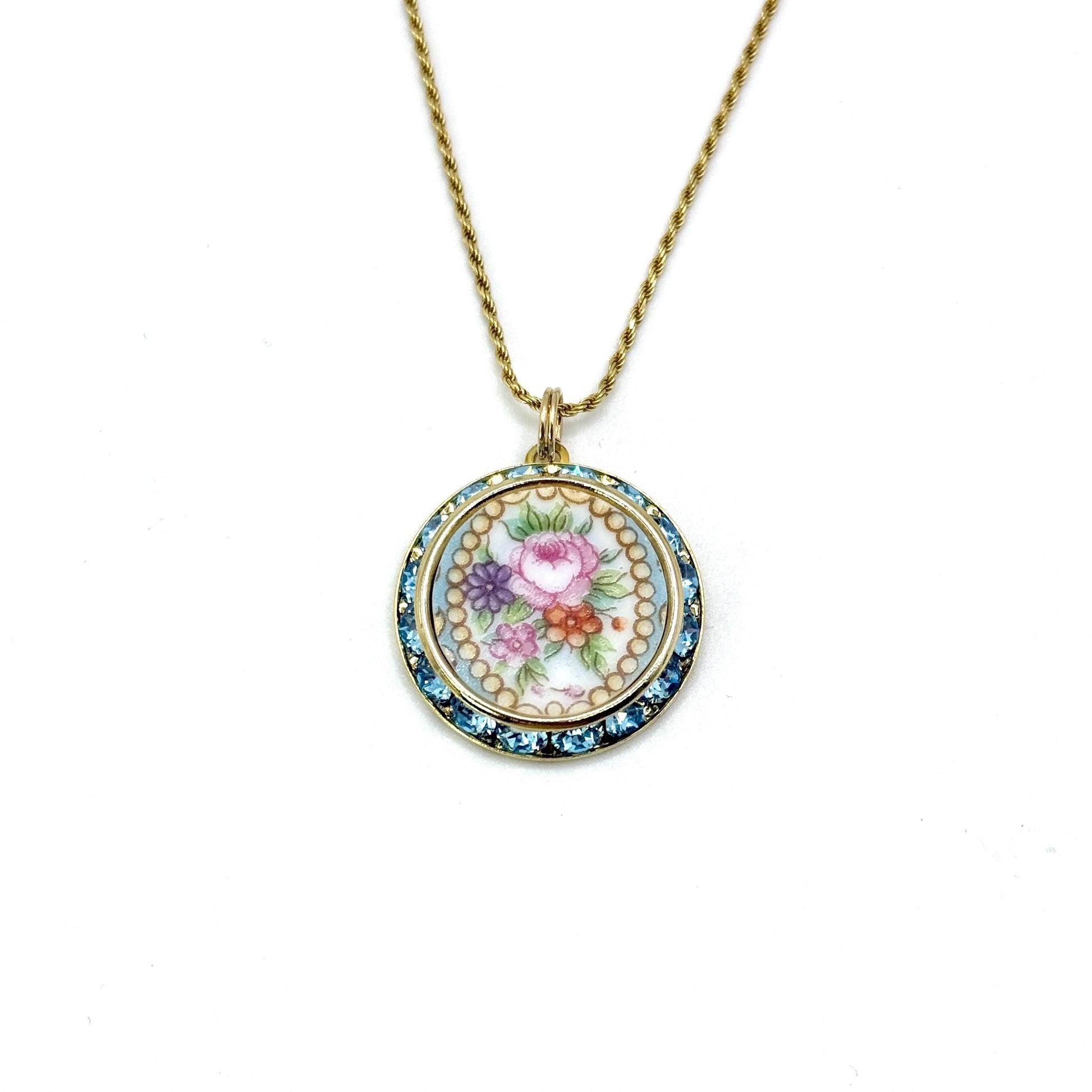 Victorian 20th Anniversary Gifts for Wife, Pink Rose and Forget Me Not Necklace, Gold Crystal Broken China Jewelry, Vintage Wedding Jewelry