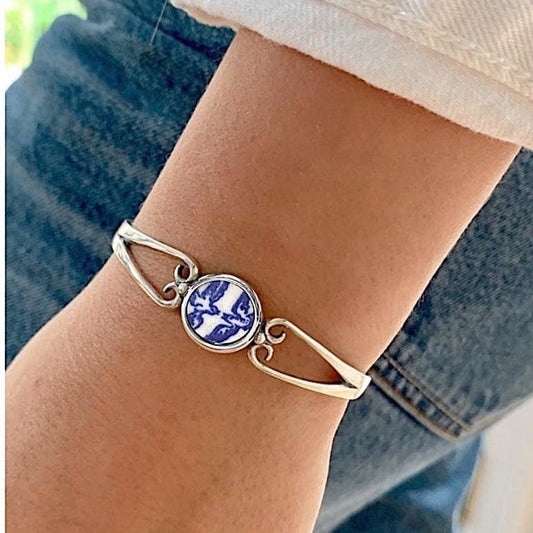 Vintage Blue Willow Broken China Bracelet Love Birds 20th Anniversary Gift for Wife