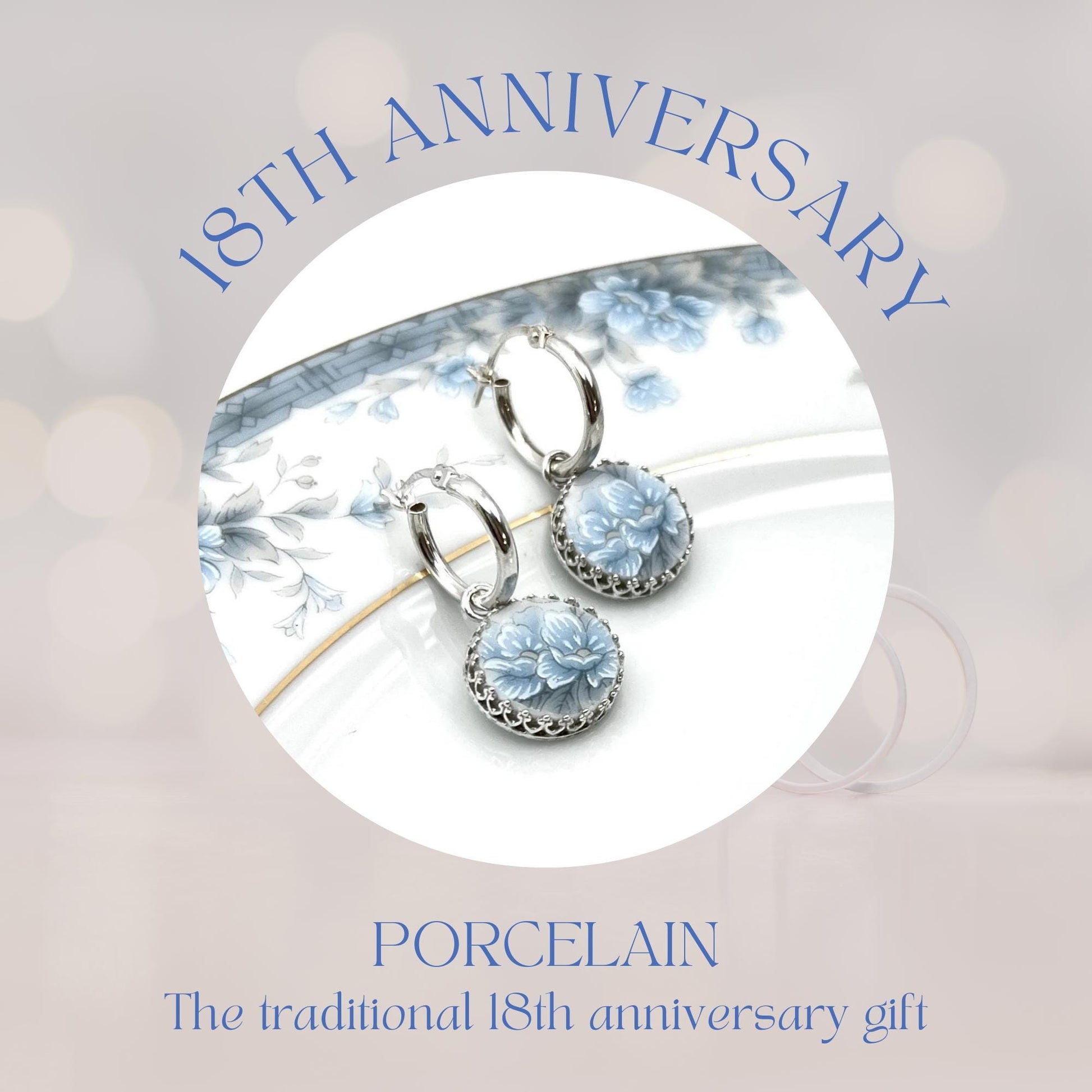 Dainty Porcelain Hoop Earrings, Unique 18th Anniversary, Gift for Wife, Broken China Jewelry