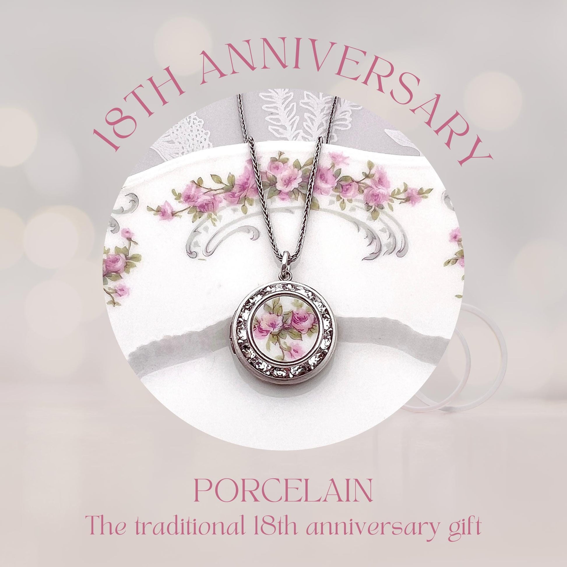Adjustable Photo Locket Necklace, French Limoges Porcelain Broken China Jewelry, 18th Anniversary Gift for Wife, Sentimental