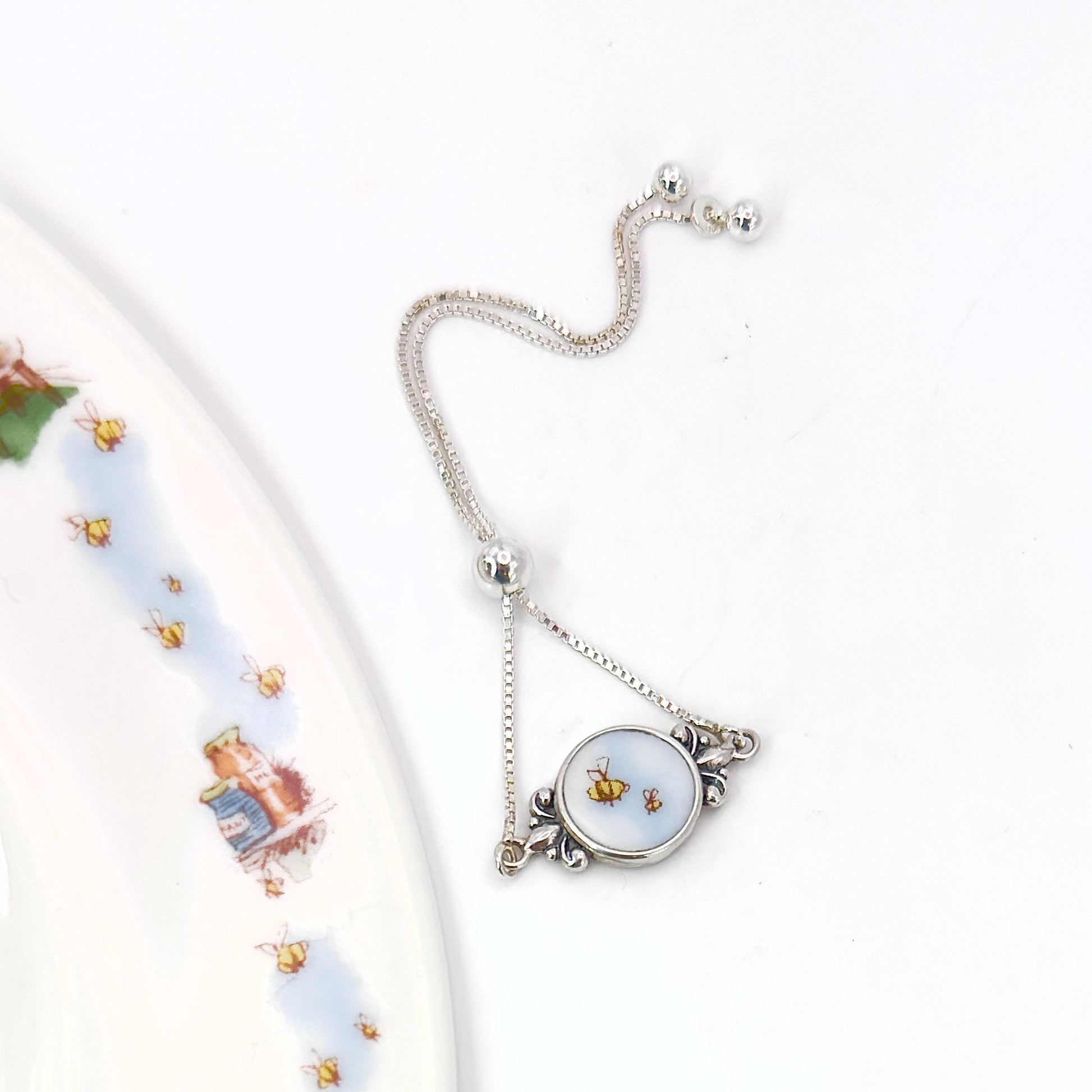 Dainty Sterling Silver Bee Bracelet, Unique 18th Anniversary Gifts for Wife, Bee Broken China Jewelry, Adjustable Bolo Bracelet, Victorian