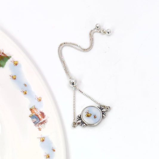 Dainty Sterling Silver Bee Bracelet, Unique 18th Anniversary Gifts for Wife, Bee Broken China Jewelry, Adjustable Bolo Bracelet, Victorian