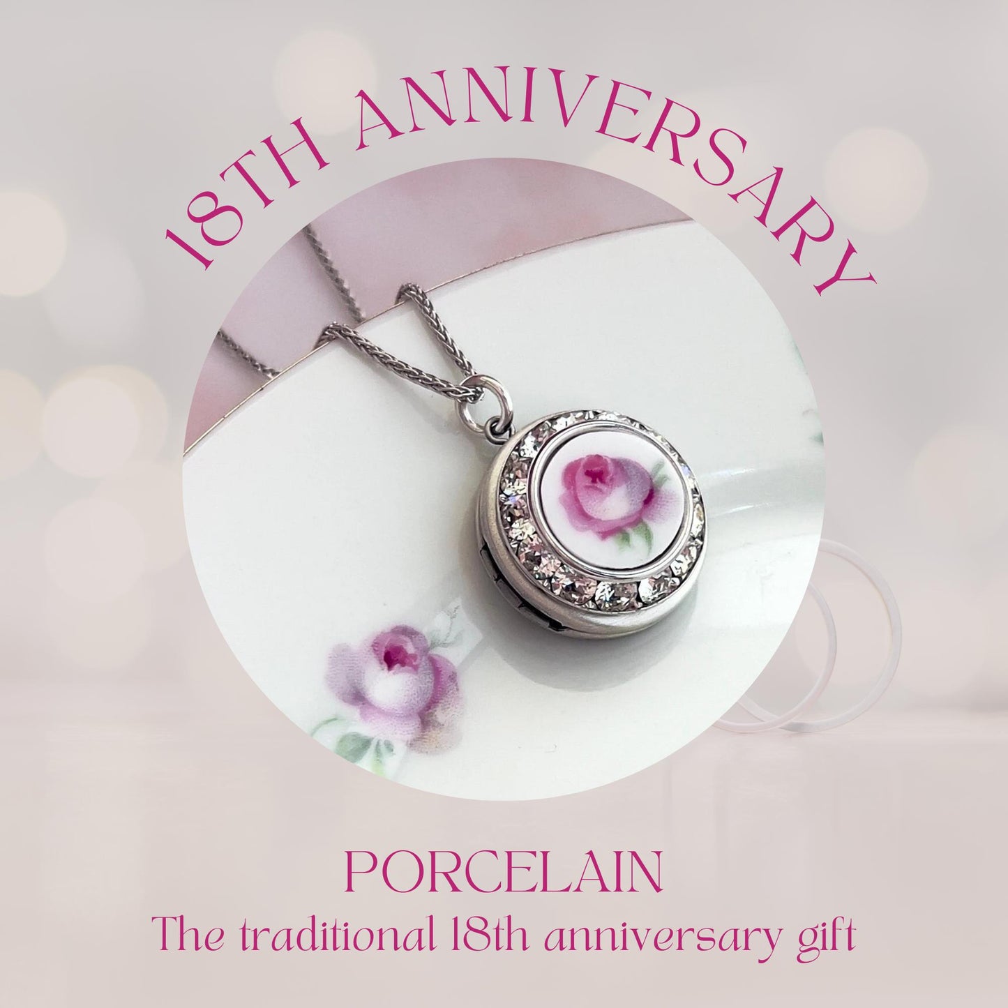 Adjustable Photo Locket Necklace, 18th Wedding Anniversary Gift for Wife, Vintage Porcelain Rose, Unique Sentimental Romantic Gifts for Her