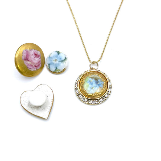 Traditional 18th Anniversary Gifts for Wife, Adjustable Antique Button Necklace, Gold Crystal Pendant, Robins Egg Blue Forget Me Nots