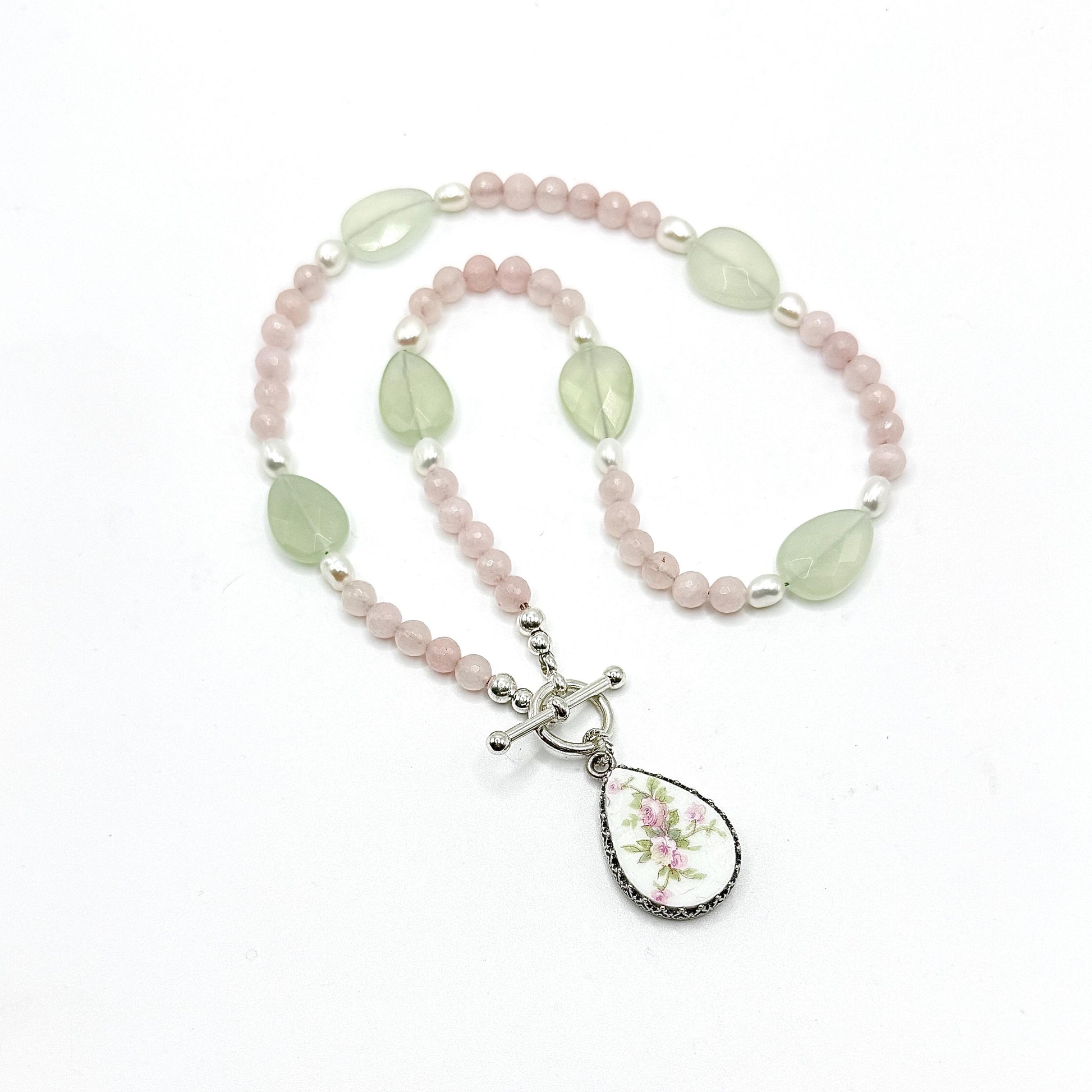 Antique Porcelain 18th Wedding Anniversary Gifts for Wife, Rose Quartz Toggle Necklace, French Limoges Broken China Jewelry, Blush Pink