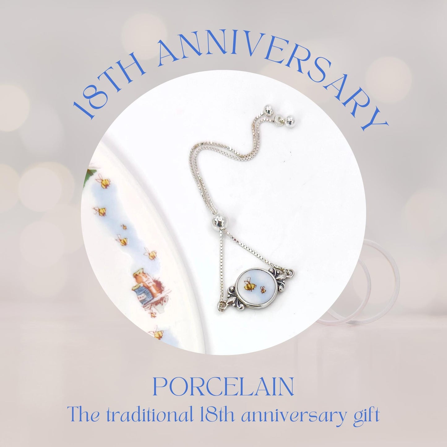 Dainty Sterling Silver Bee Bracelet, Unique 18th Anniversary Gifts for Wife, Bee Broken China Jewelry, Adjustable Bolo Bracelet, Victorian