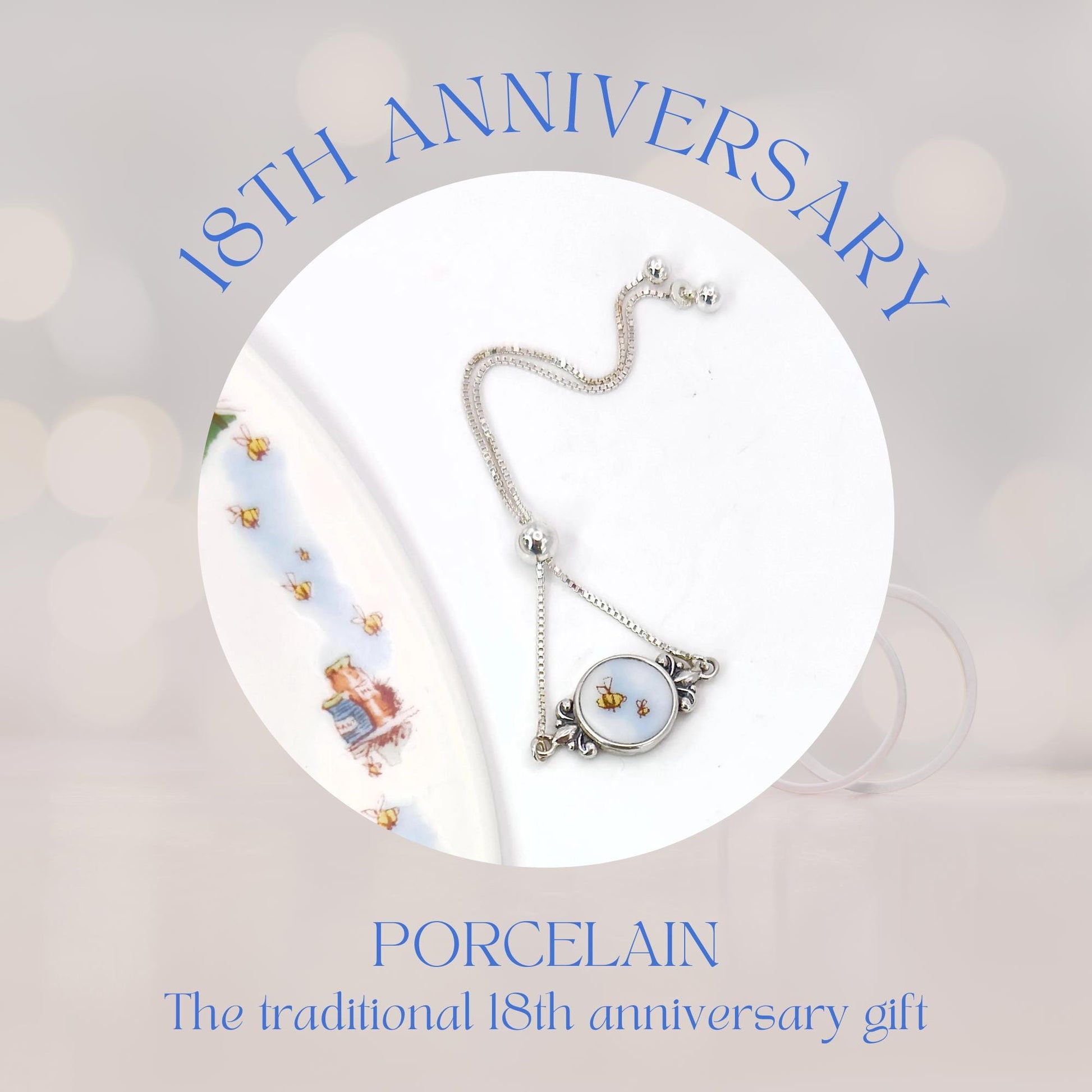 Dainty Sterling Silver Bee Bracelet, Unique 18th Anniversary Gifts for Wife, Bee Broken China Jewelry, Adjustable Bolo Bracelet, Victorian