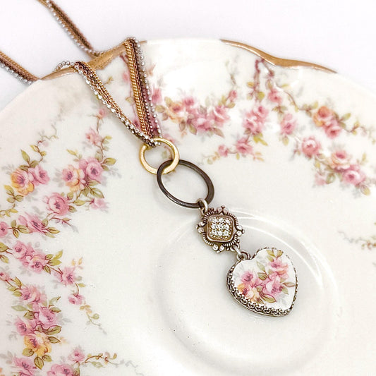 Traditional 20th Anniversary China Gifts for Wife, Dainty Victorian Heart Necklace, Romantic Broken China Jewelry, French China