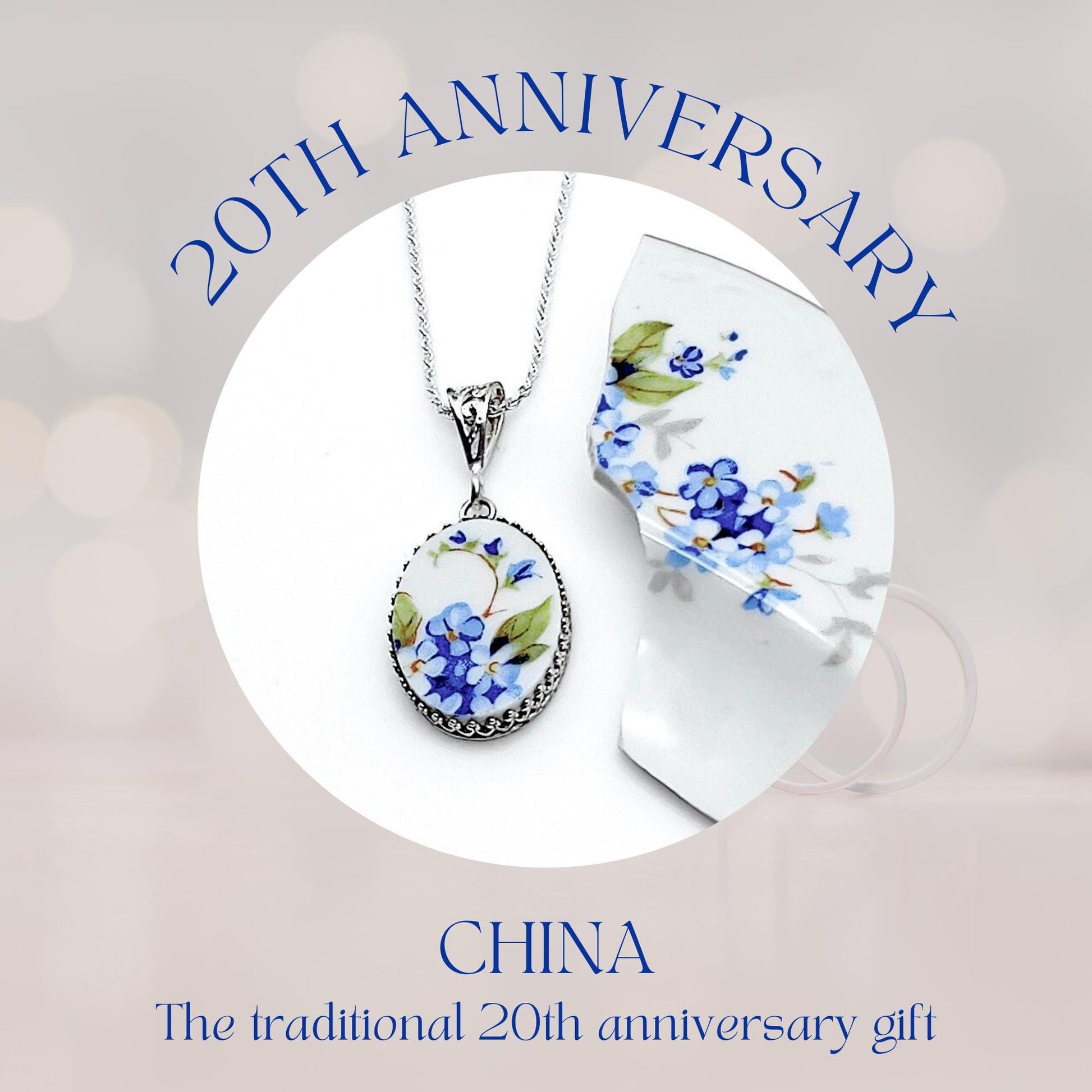 Forget Me Not China Necklace, Romantic 20th Anniversary Gifts for Wife, Vintage Repurposed Broken China Jewelry, Sterling Silver
