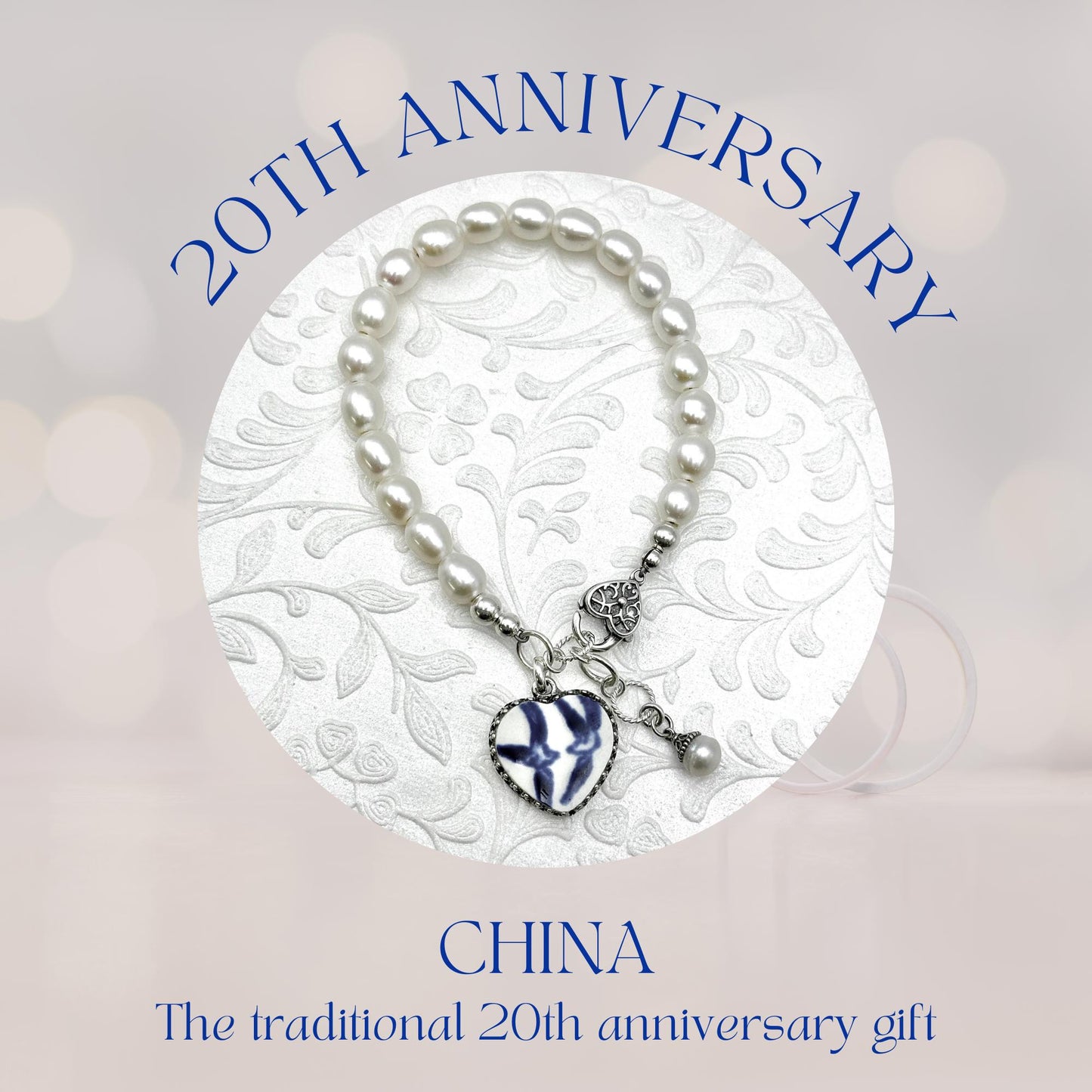 20th Anniversary Gift for Wife, Love Birds Pearl Bracelet, Blue Willow Broken China Jewelry, Unique Gifts for Women