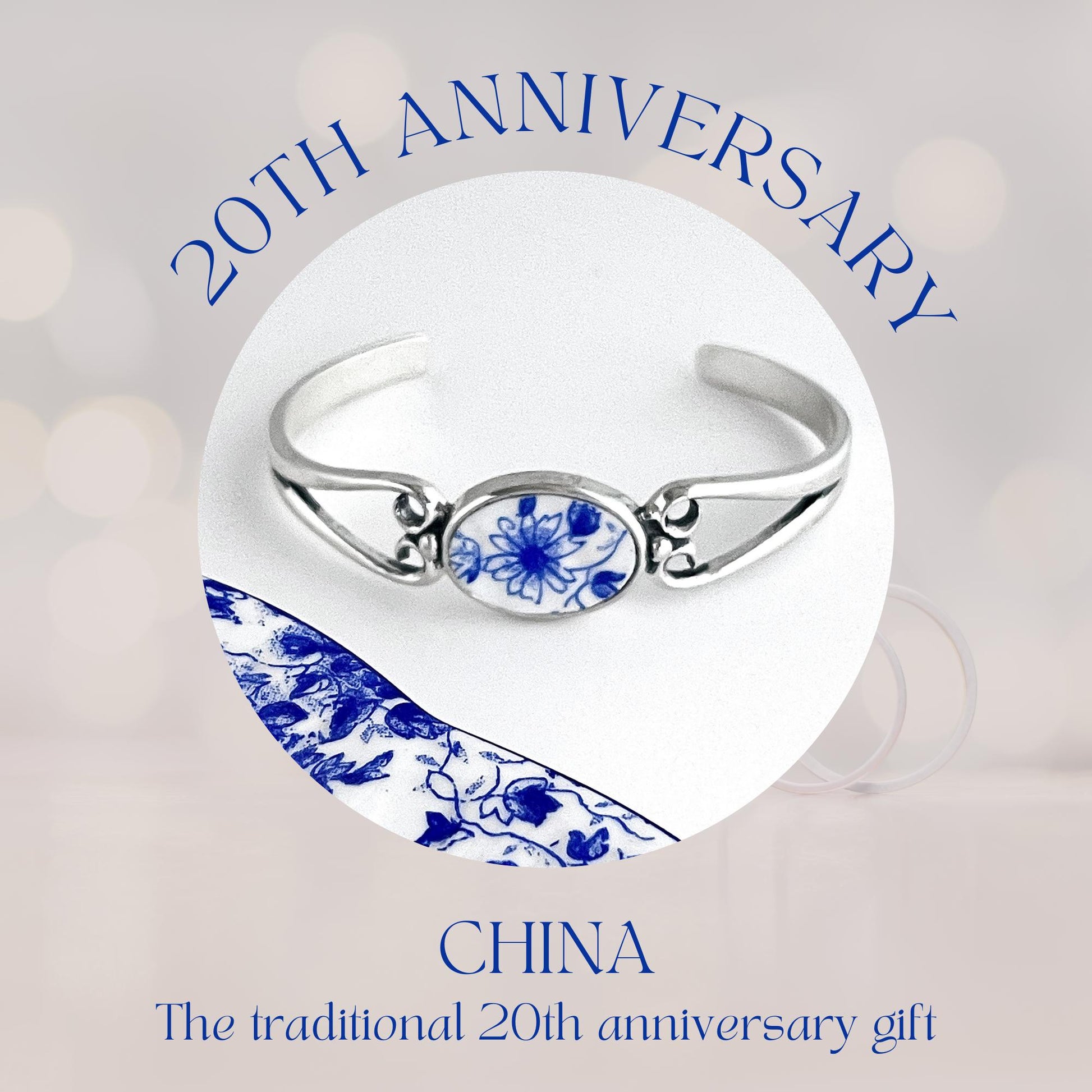 Shelley Dainty Blue Broken China Daisy Bracelet, Daisy Flower Jewelry, 20th Anniversary Gifts for Wife, Vintage Blue and White China